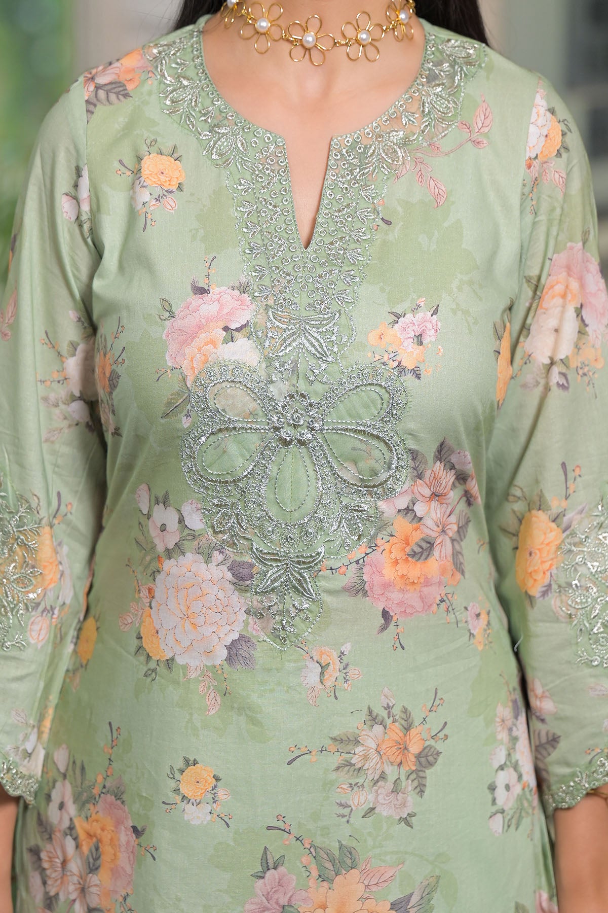 Green Multicolor Cotton Straight-Cut Printed Suit