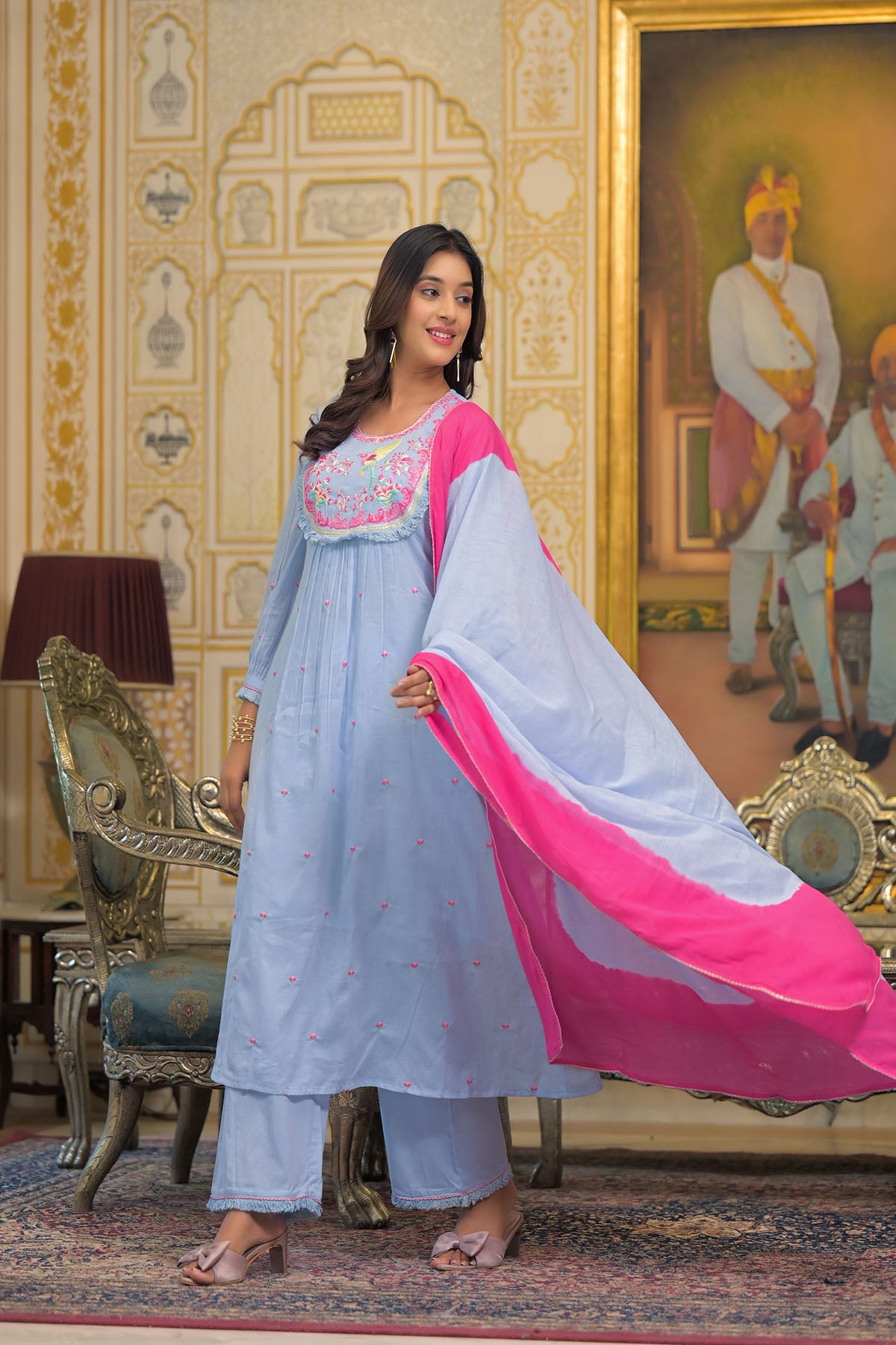 Blue Cotton Embroidered Anarkali Suit