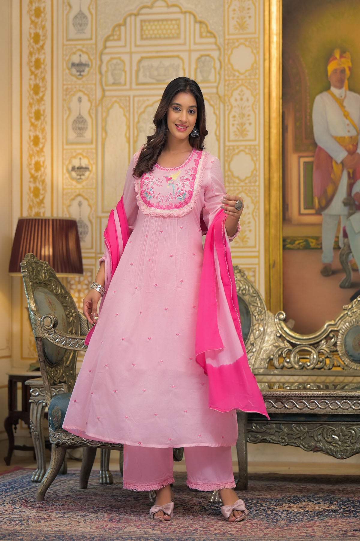 Pink Cotton Embroidered Anarkali Suit