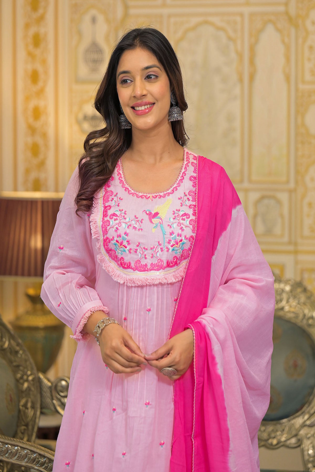 Pink Cotton Embroidered Anarkali Suit