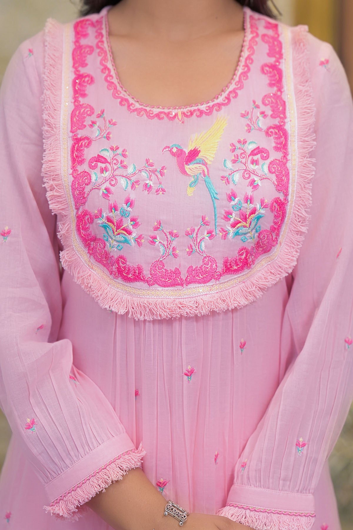 Pink Cotton Embroidered Anarkali Suit
