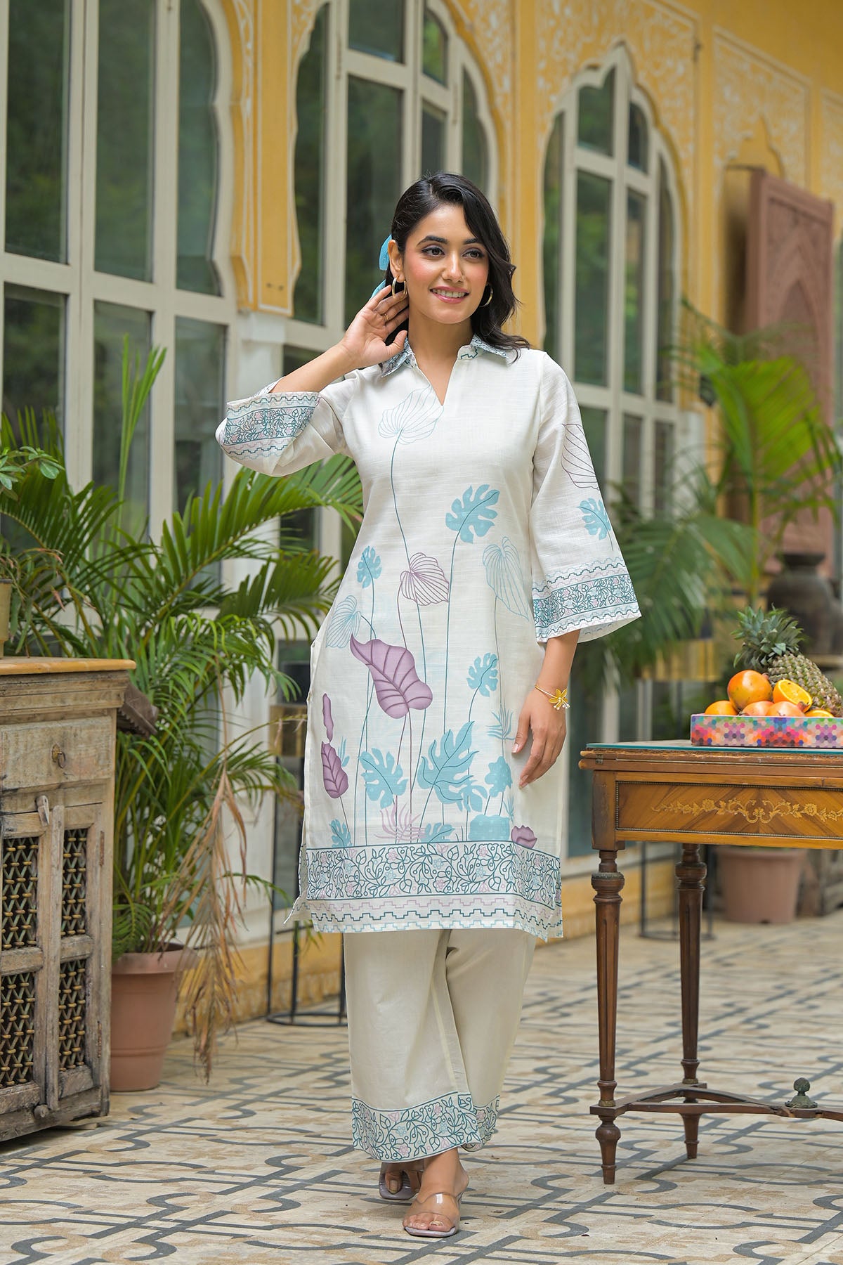 Cream & Sky Blue Linen Printed Co-Ord Set