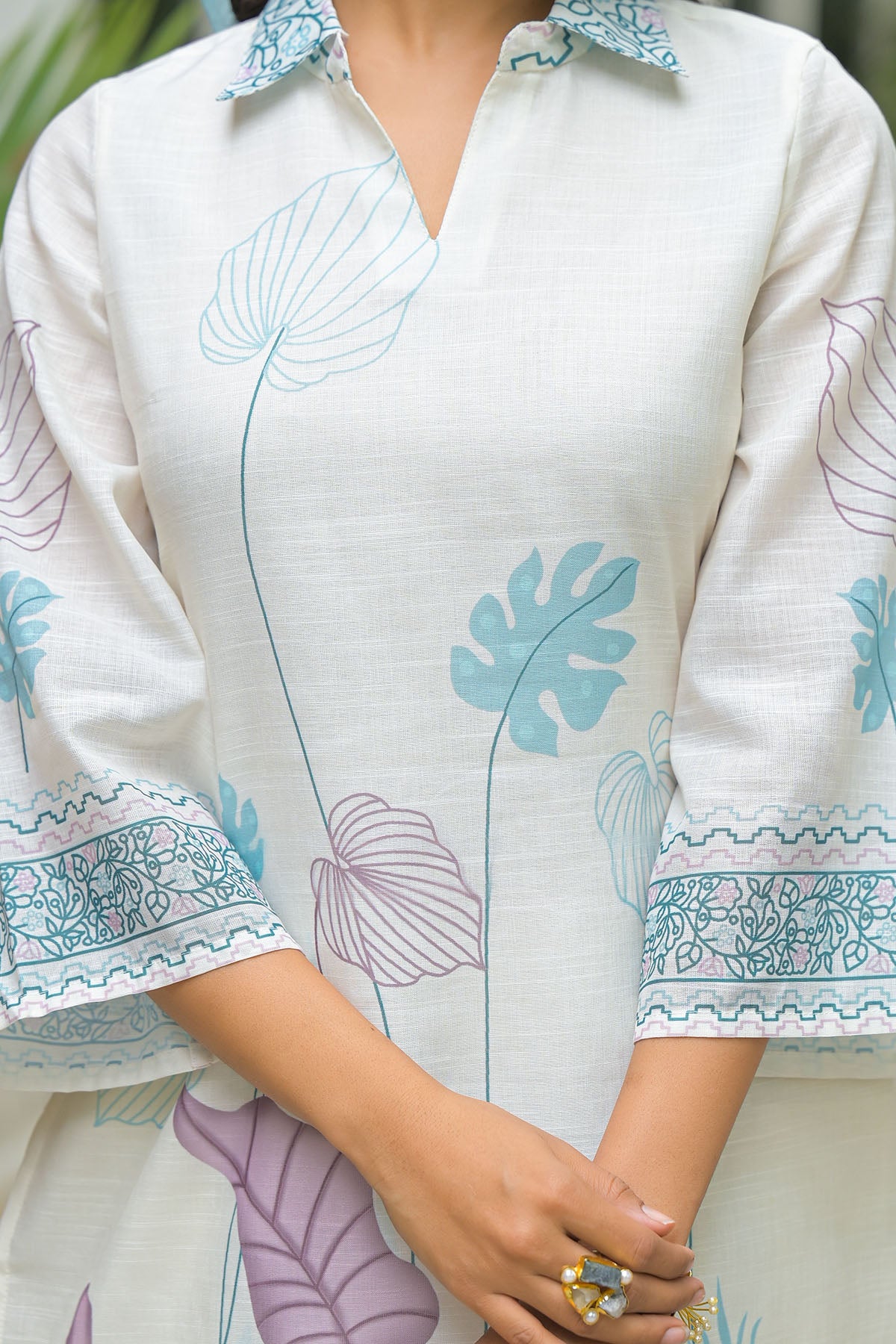 Cream & Sky Blue Linen Printed Co-Ord Set