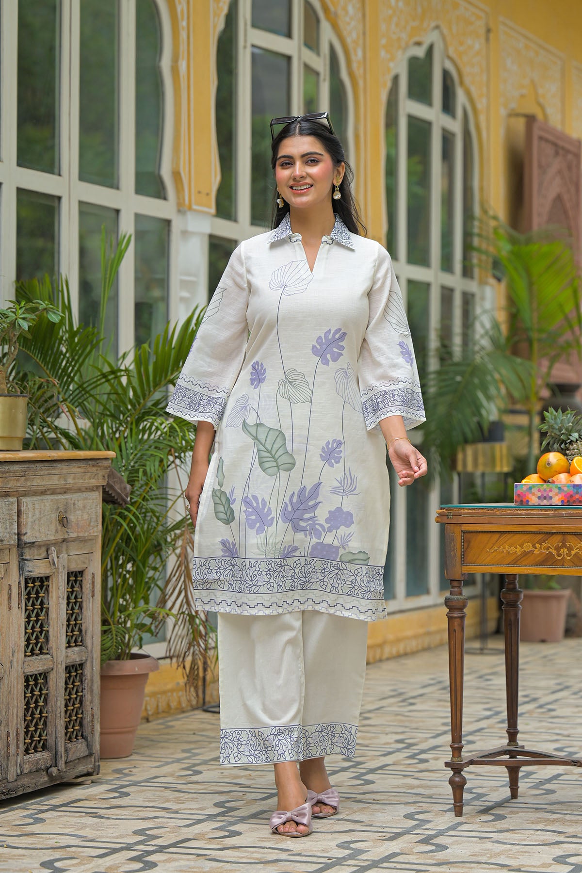 Cream & Purple Linen Printed Co-Ord Set