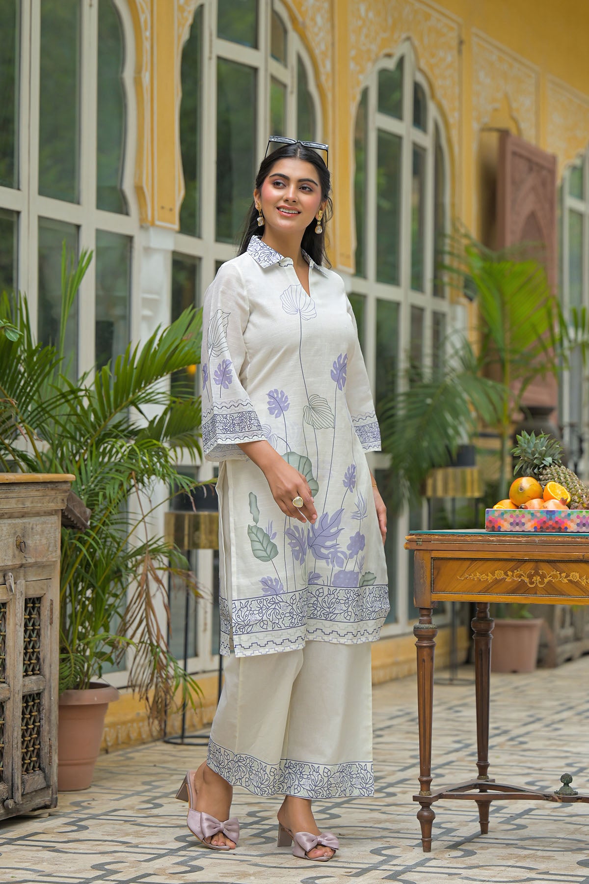 Cream & Purple Linen Printed Co-Ord Set