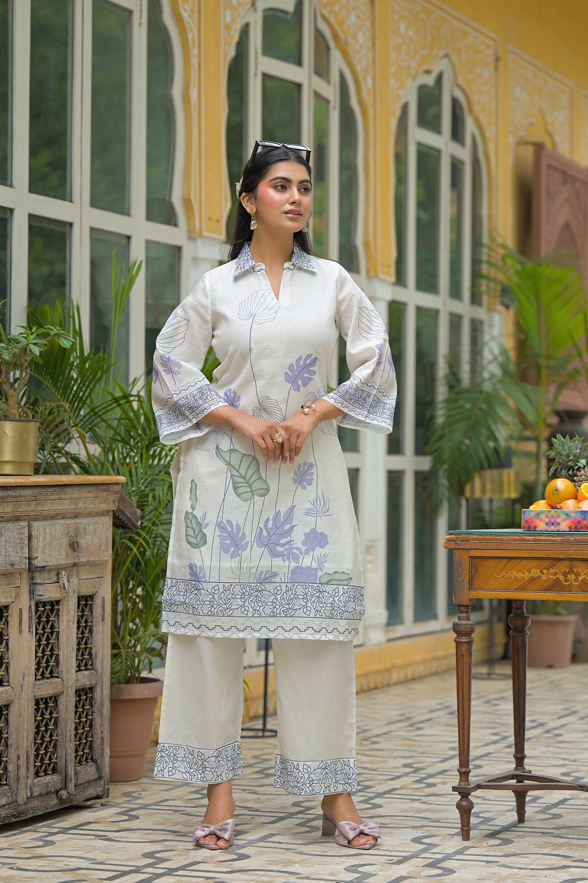 Cream & Purple Linen Printed Co-Ord Set