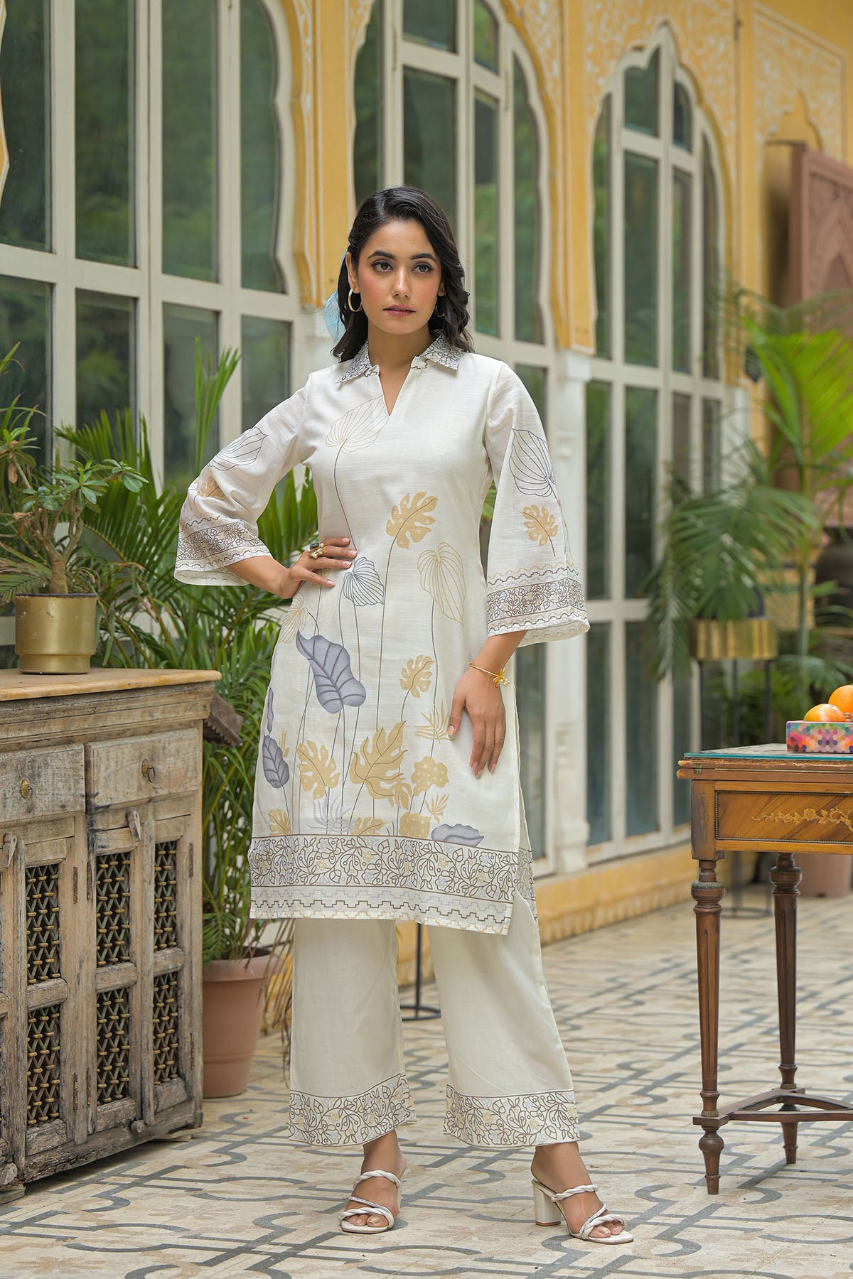 Cream & Mustard Linen Printed Co-Ord Set