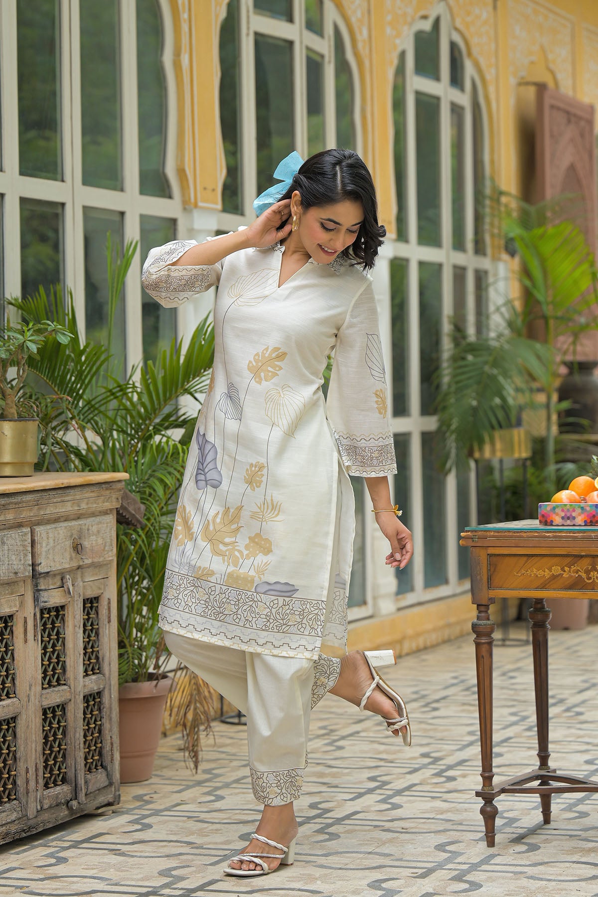 Cream & Mustard Linen Printed Co-Ord Set