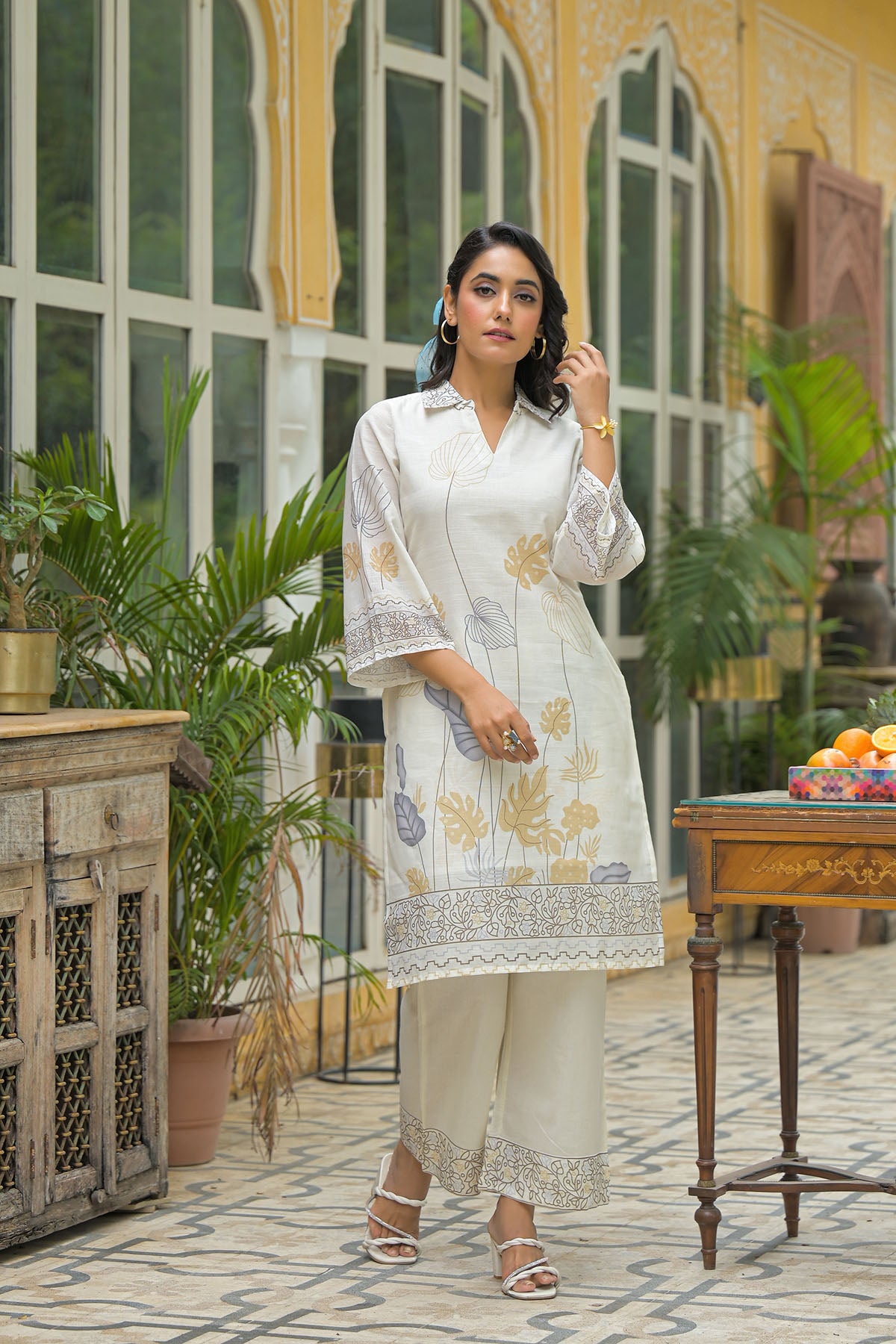 Cream & Mustard Linen Printed Co-Ord Set