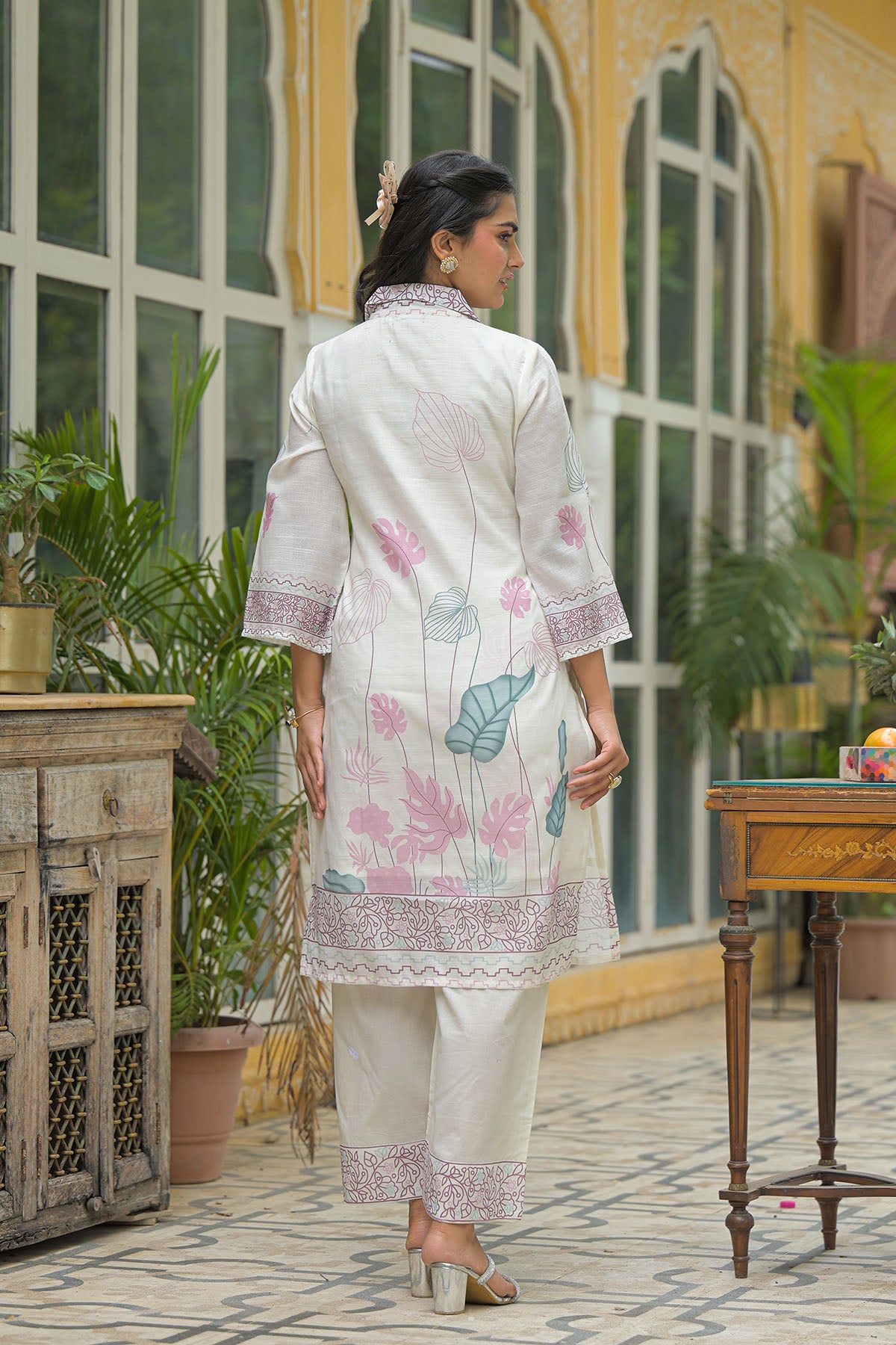 Cream & Pink Linen Printed Co-Ord Set