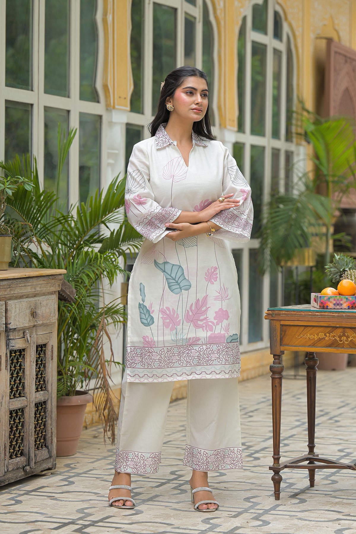 Cream & Pink Linen Printed Co-Ord Set