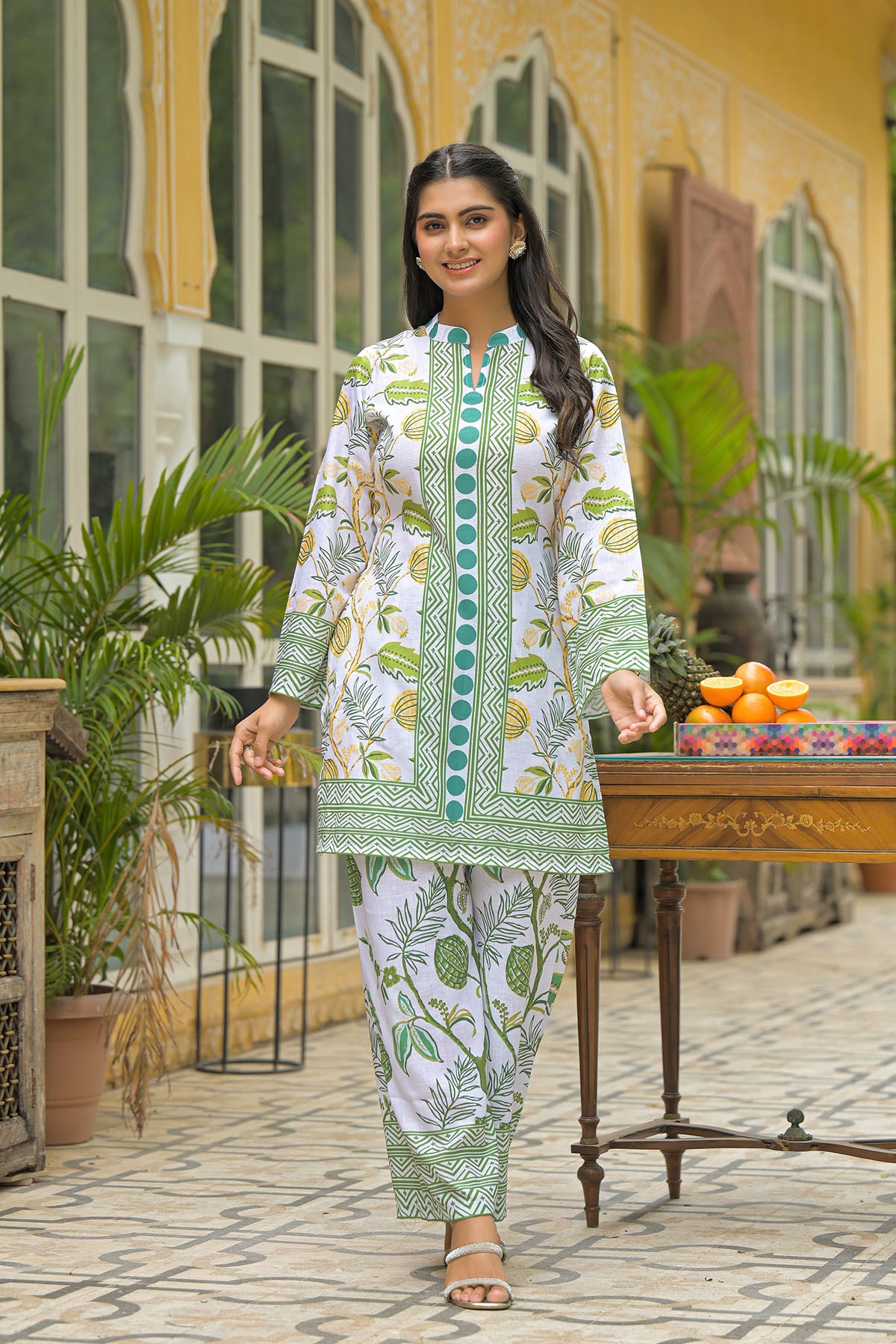 Green White Linen Printed Co-Ord Set