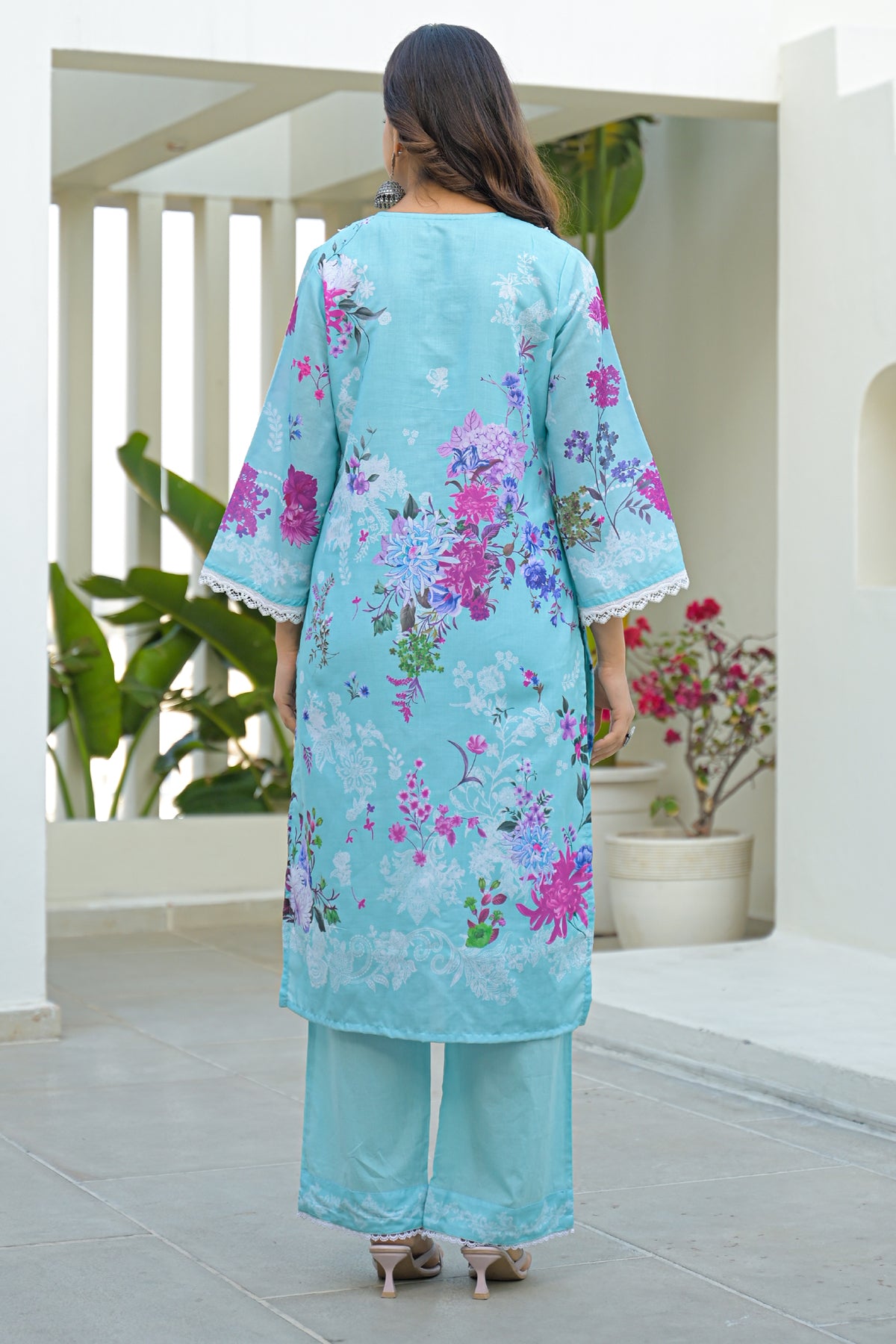 Sky Blue Cotton Embroidered Suit Set With Dupatta