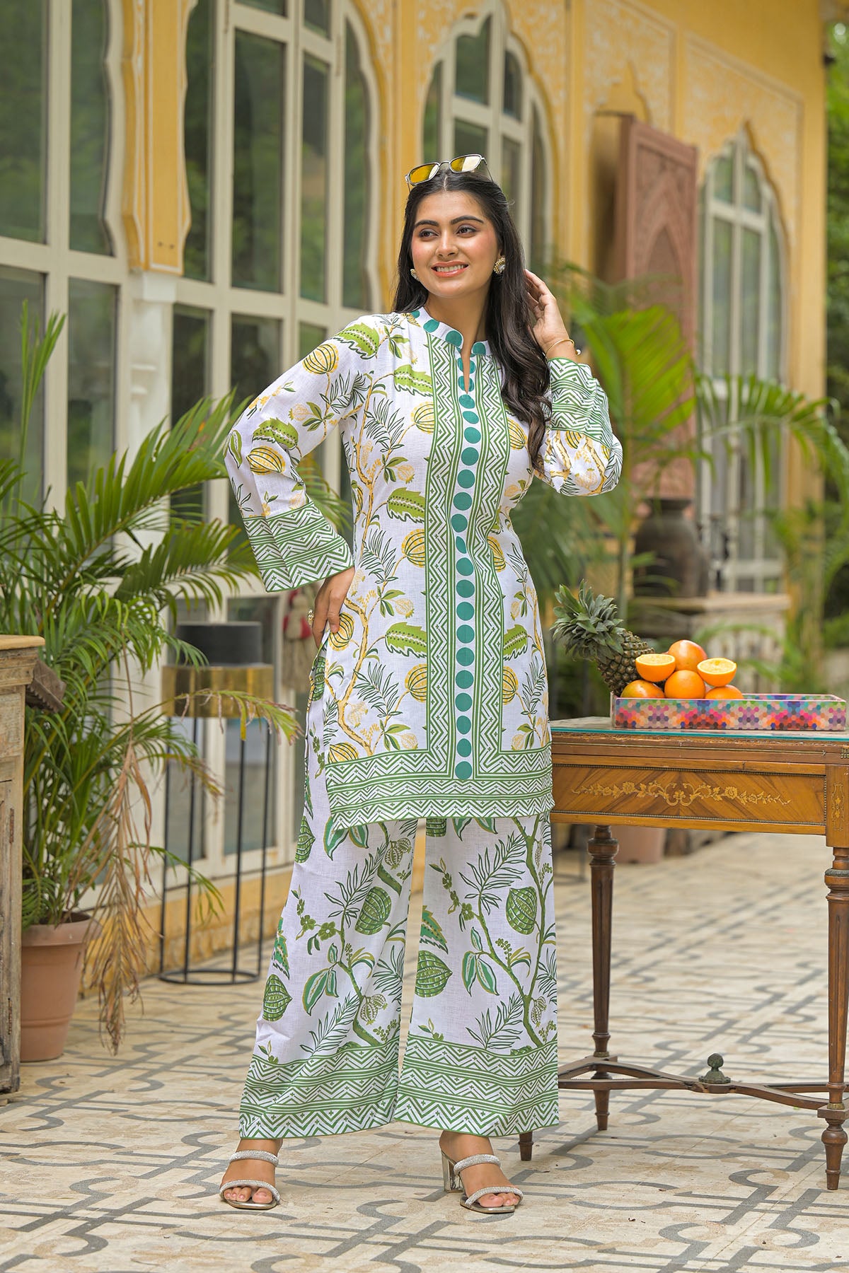 Green White Linen Printed Co-Ord Set