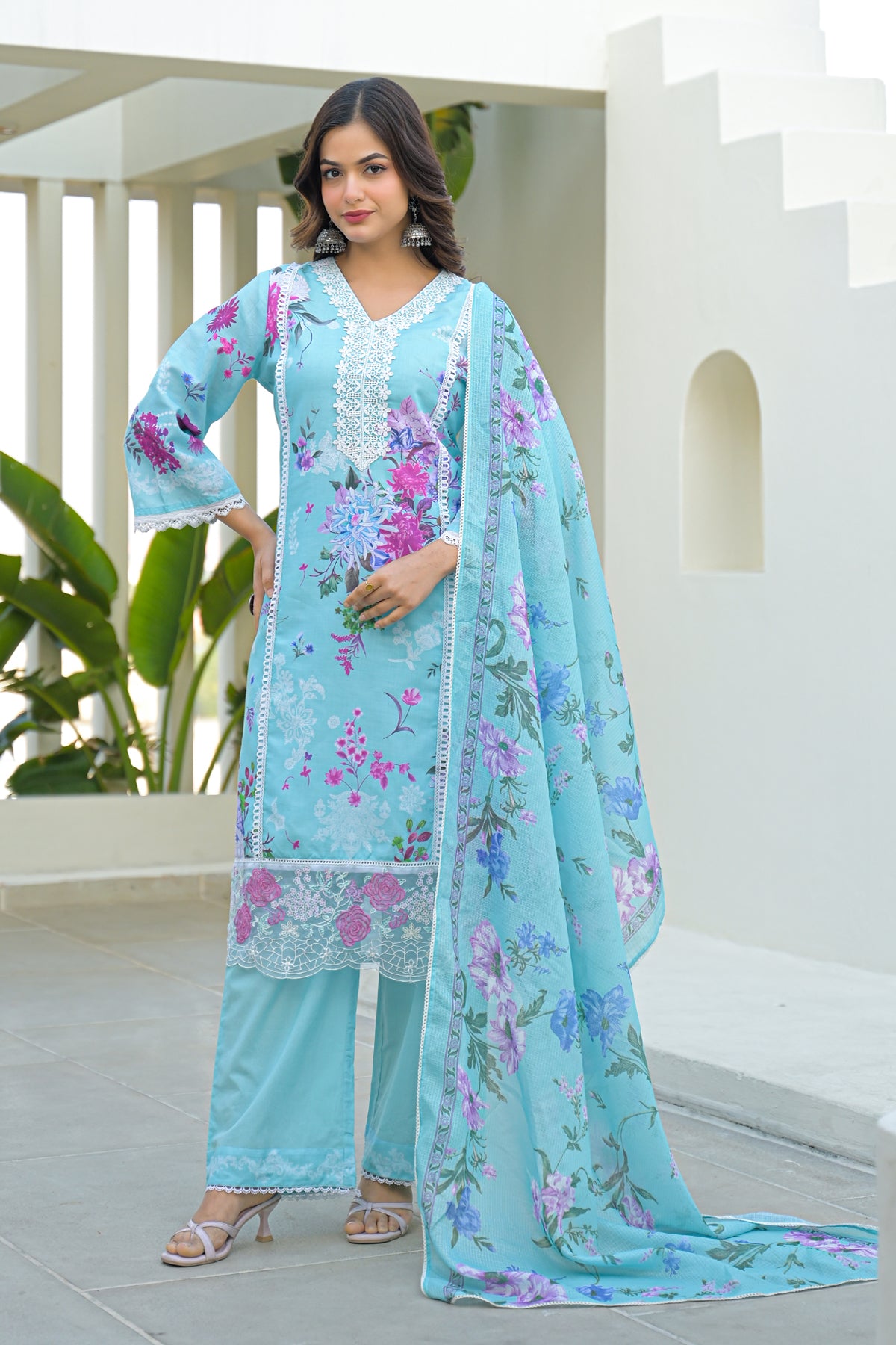 Sky Blue Cotton Embroidered Suit Set With Dupatta