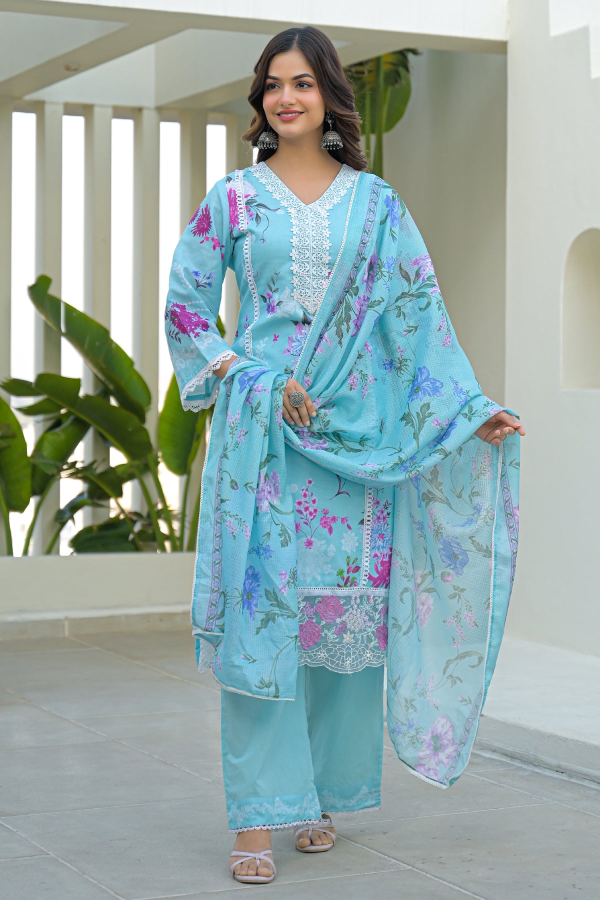 Sky Blue Cotton Embroidered Suit Set With Dupatta