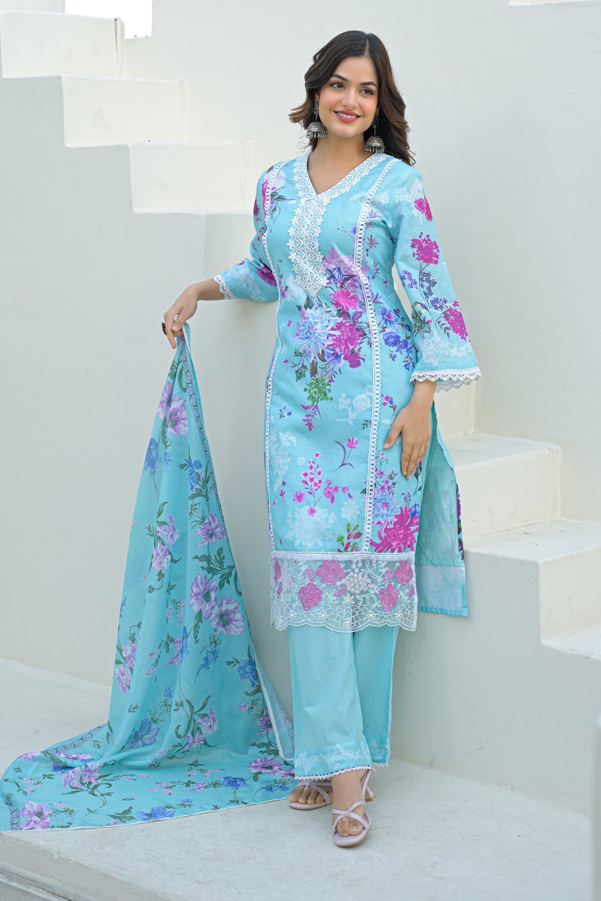 Sky Blue Cotton Embroidered Suit Set With Dupatta