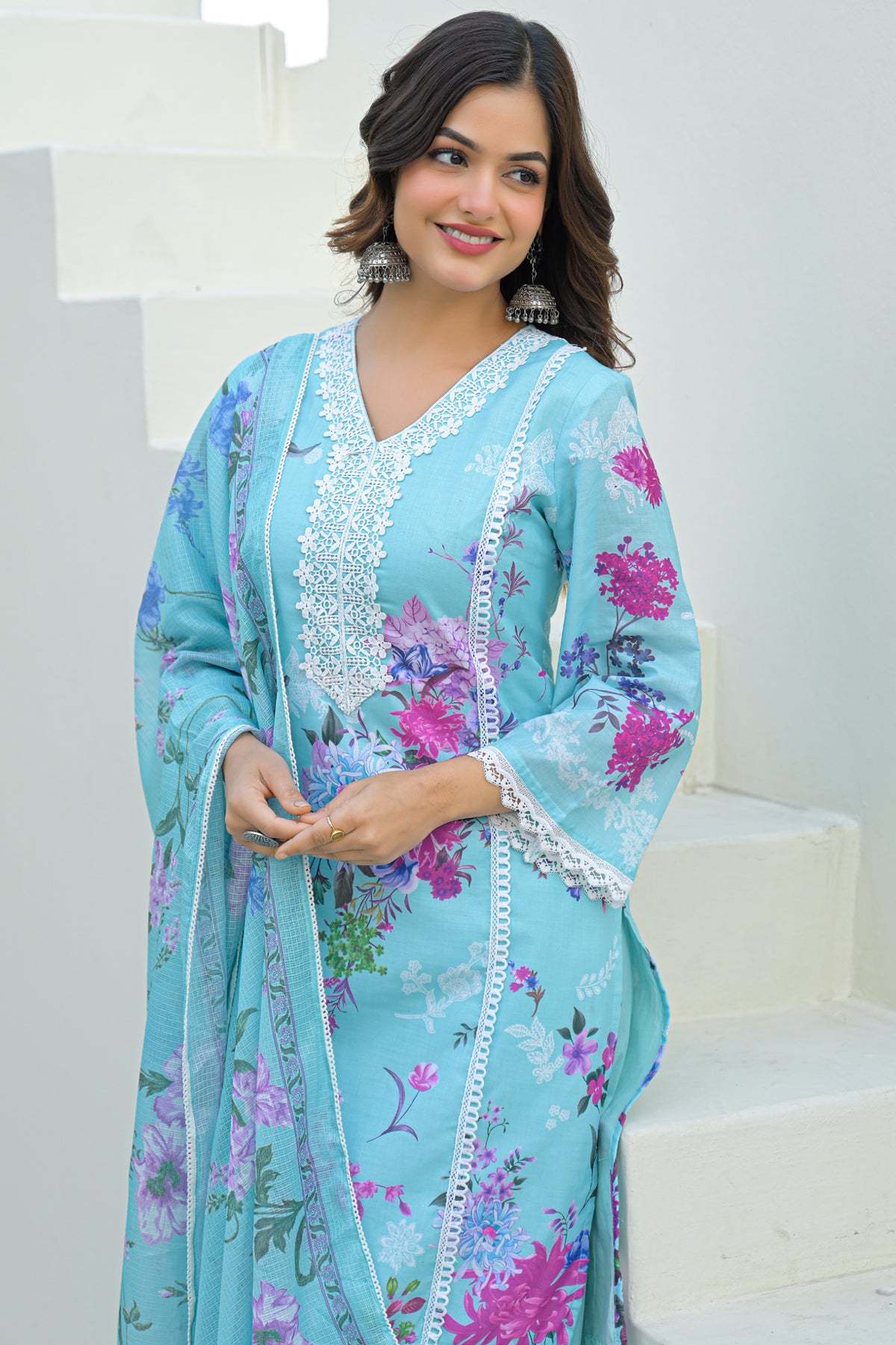 Sky Blue Cotton Embroidered Suit Set With Dupatta