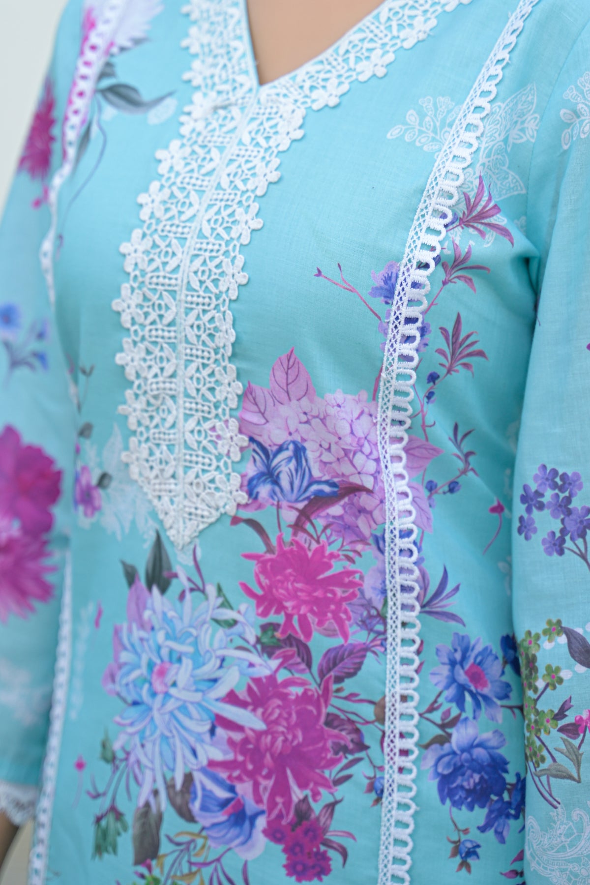 Sky Blue Cotton Embroidered Suit Set With Dupatta