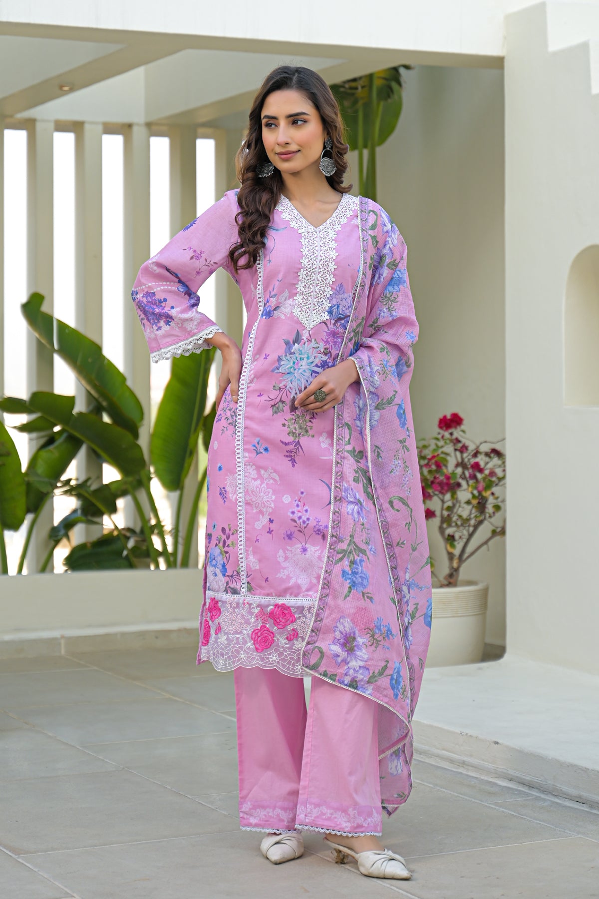Pink Cotton Embroidered Suit Set