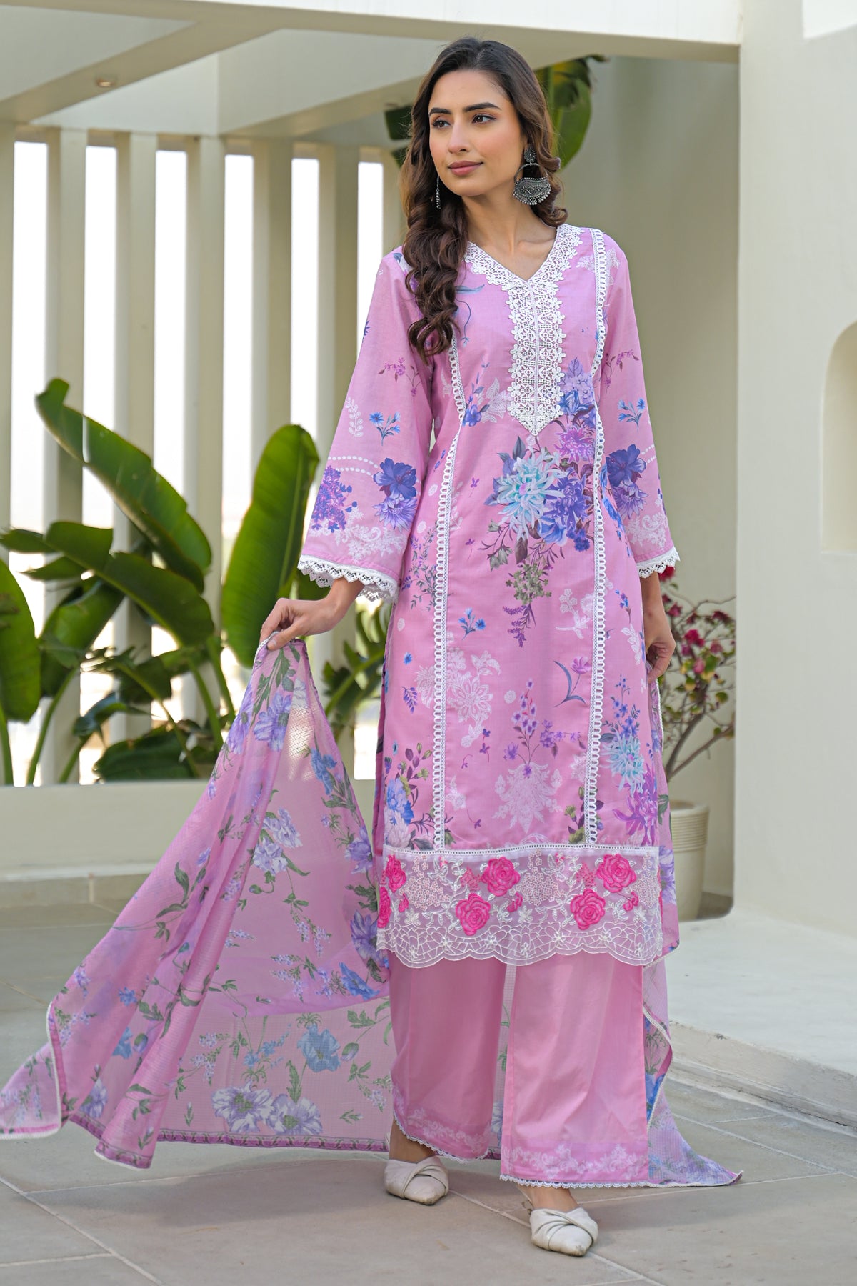 Pink Cotton Embroidered Suit Set