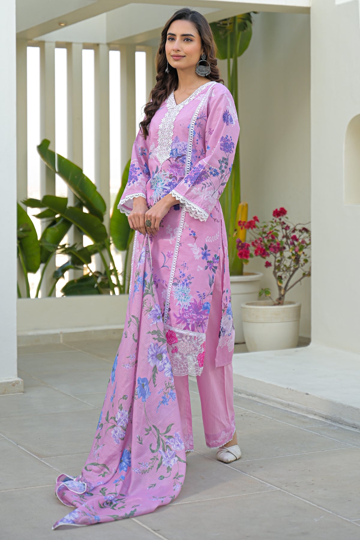 Pink Cotton Embroidered Suit Set