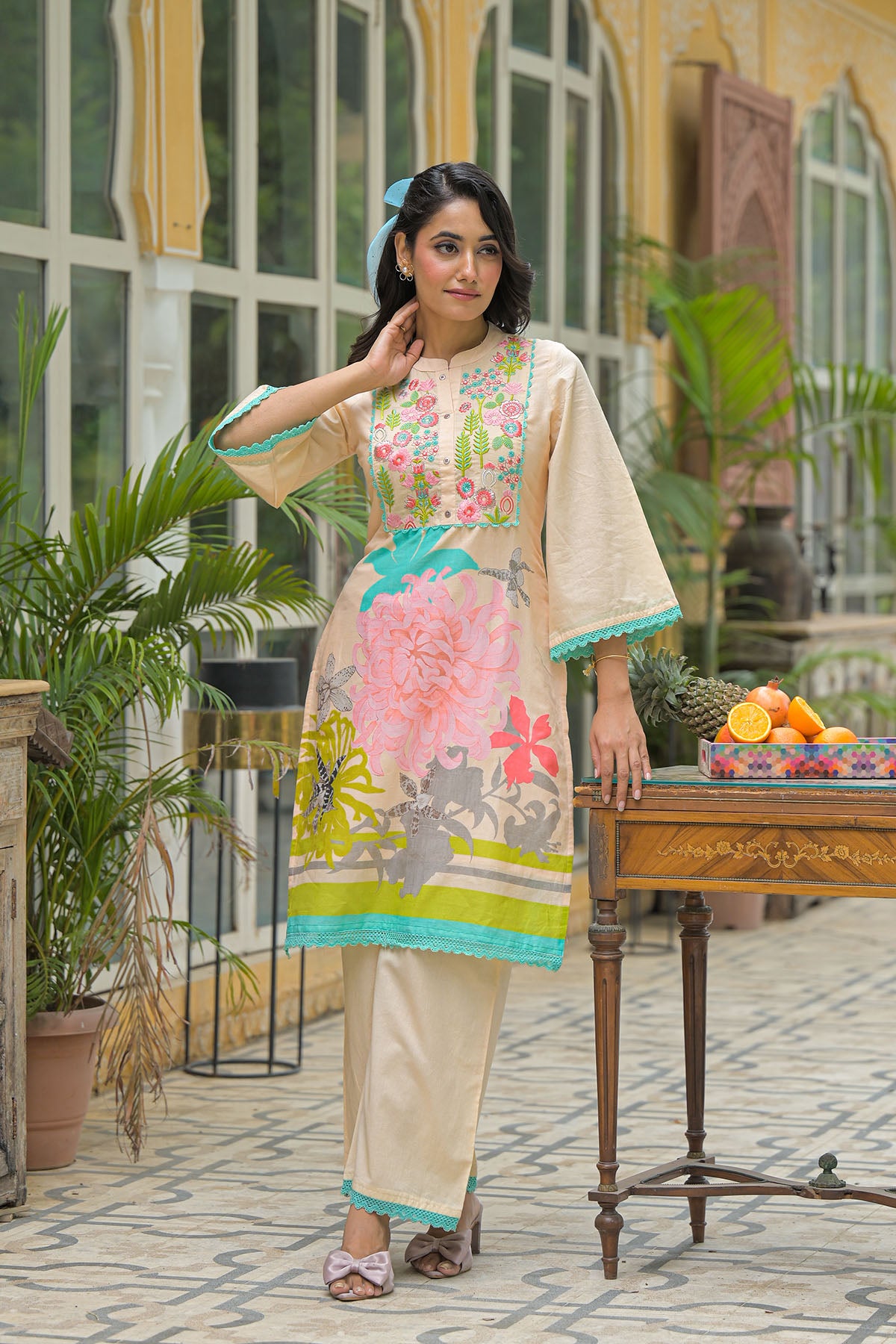 Peach Cotton Embroidered Co-Ord Set