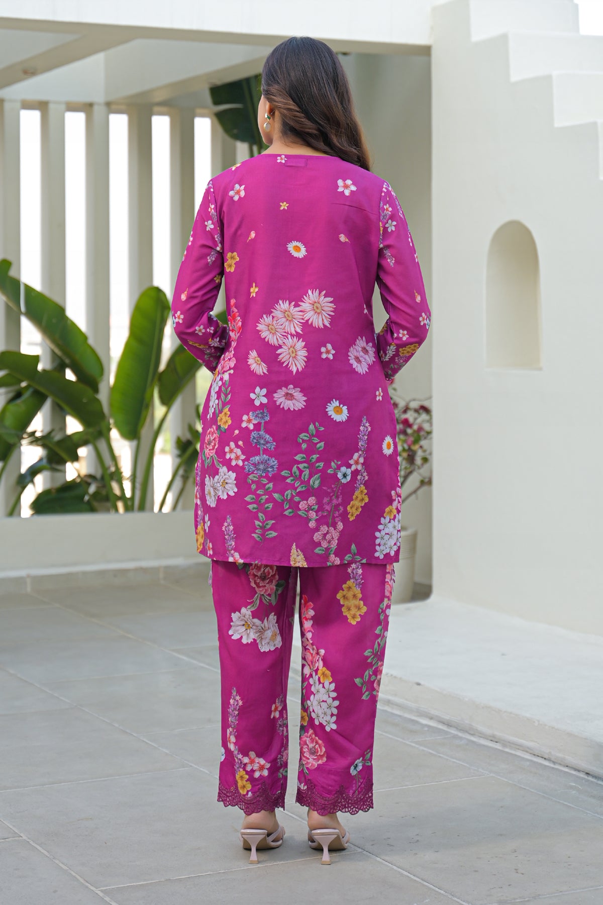 Magenta Cotton Embroidered Suit Set