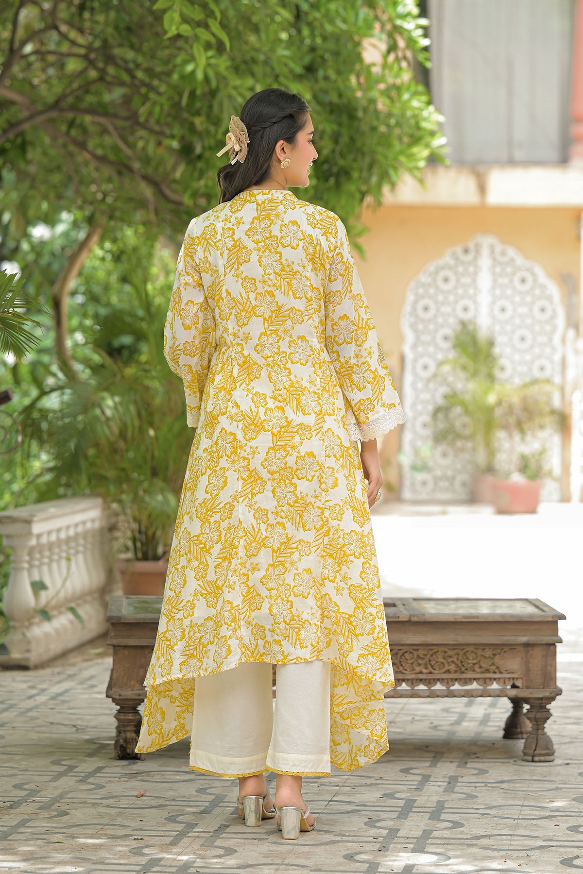 Yellow Floral Cotton Embroidered A-Line Suit