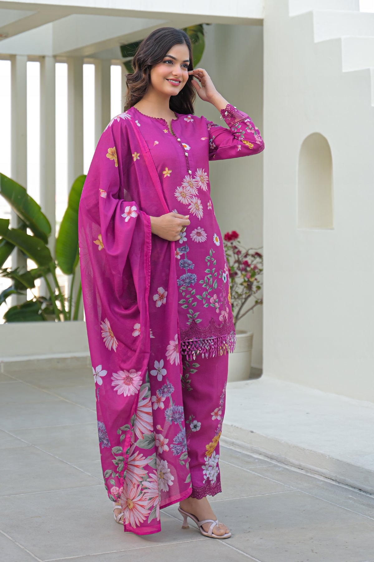 Magenta Cotton Embroidered Suit Set