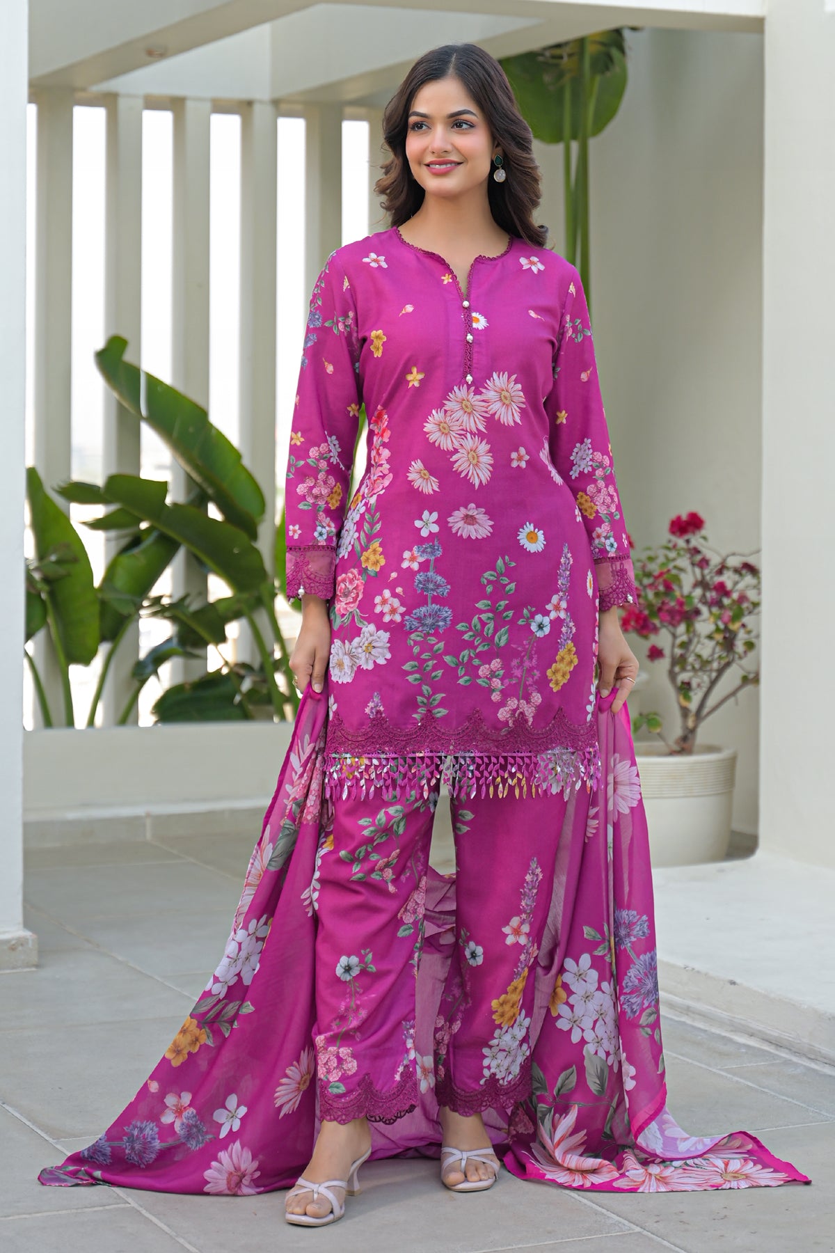 Magenta Cotton Embroidered Suit Set