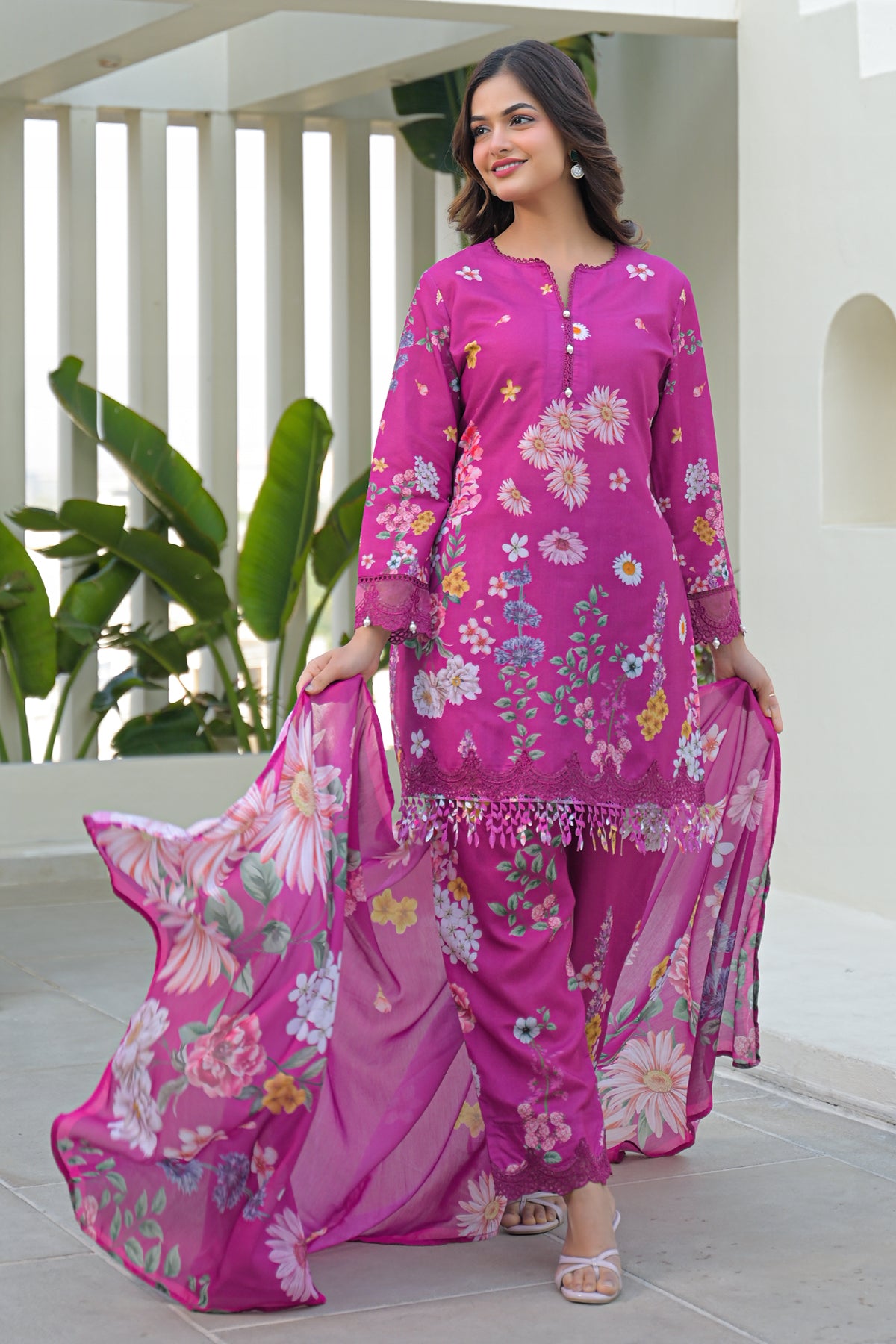 Magenta Cotton Embroidered Suit Set