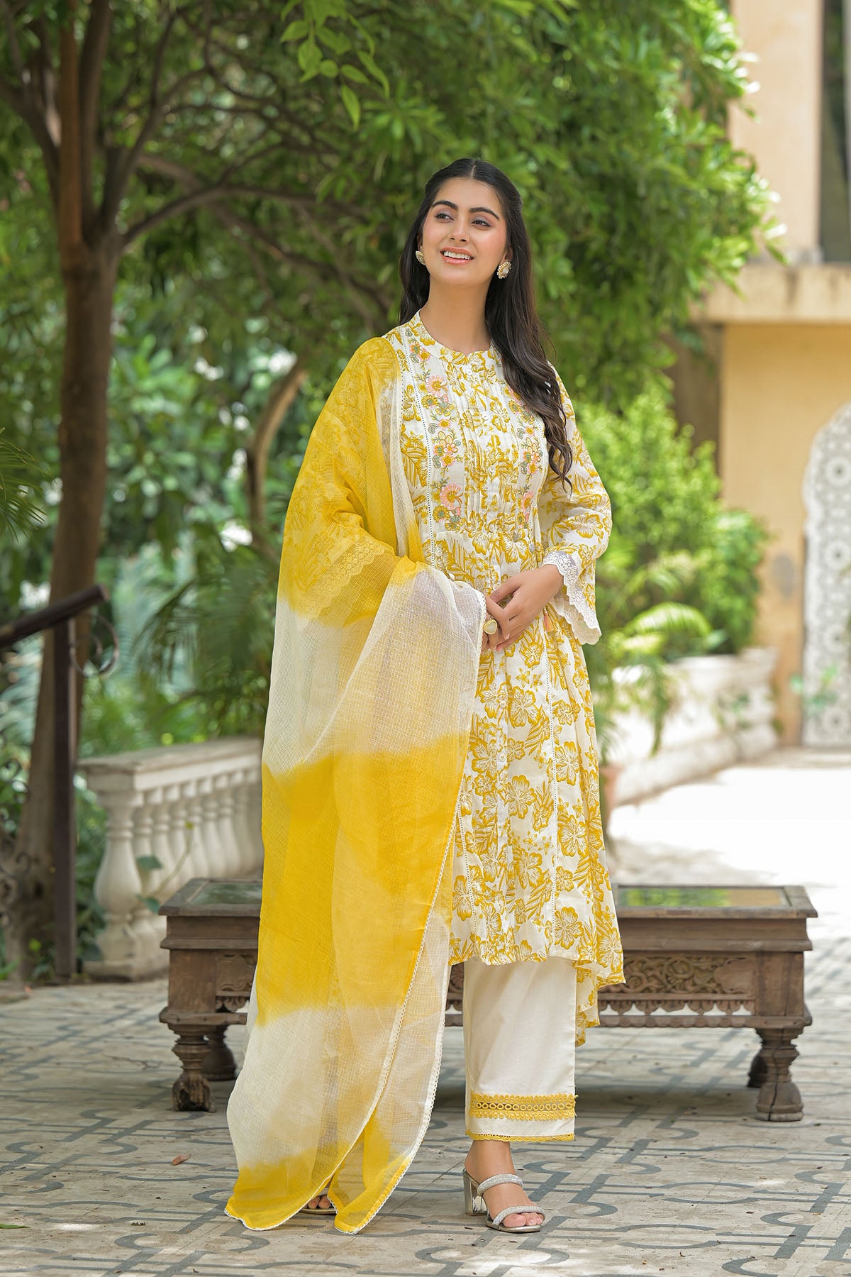 Yellow Floral Cotton Embroidered A-Line Suit
