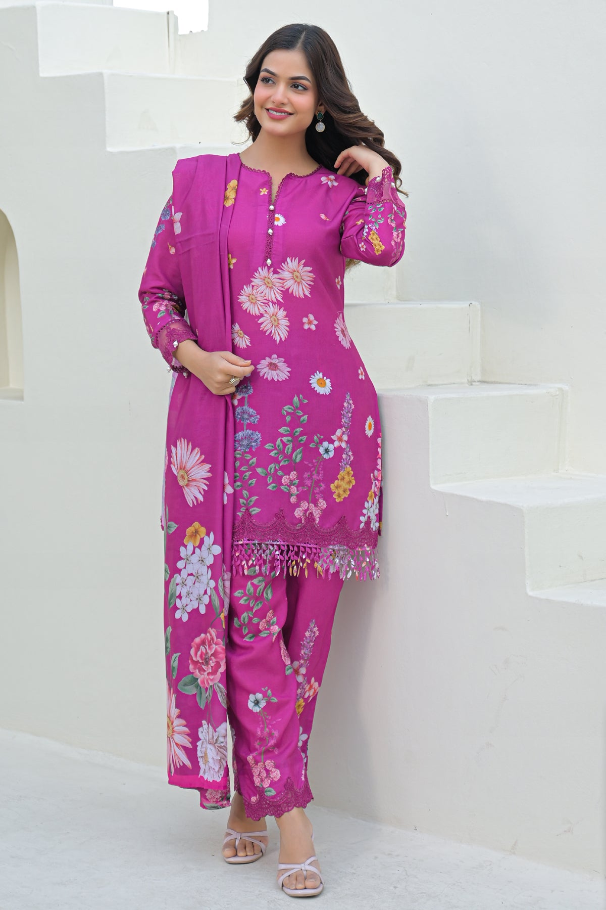 Magenta Cotton Embroidered Suit Set