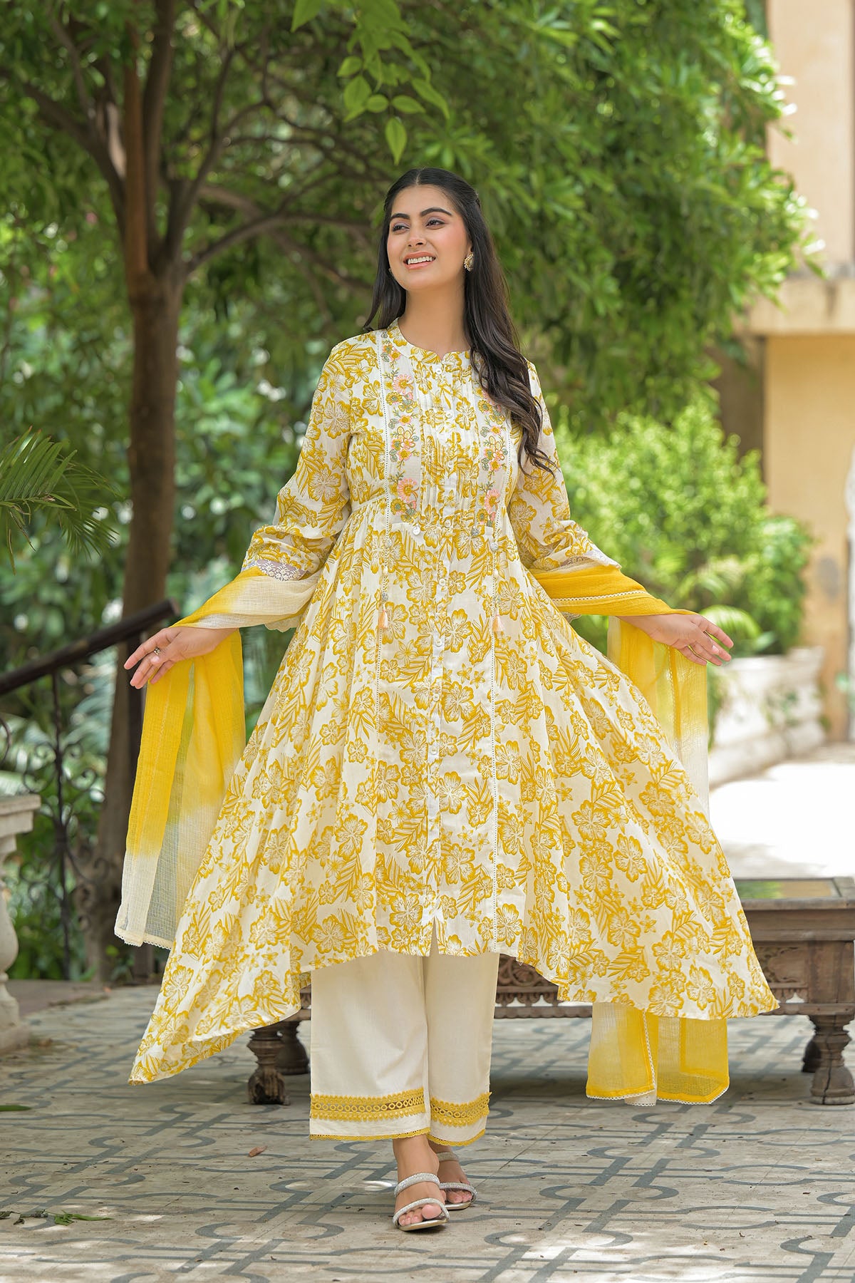 Yellow Floral Cotton Embroidered A-Line Suit