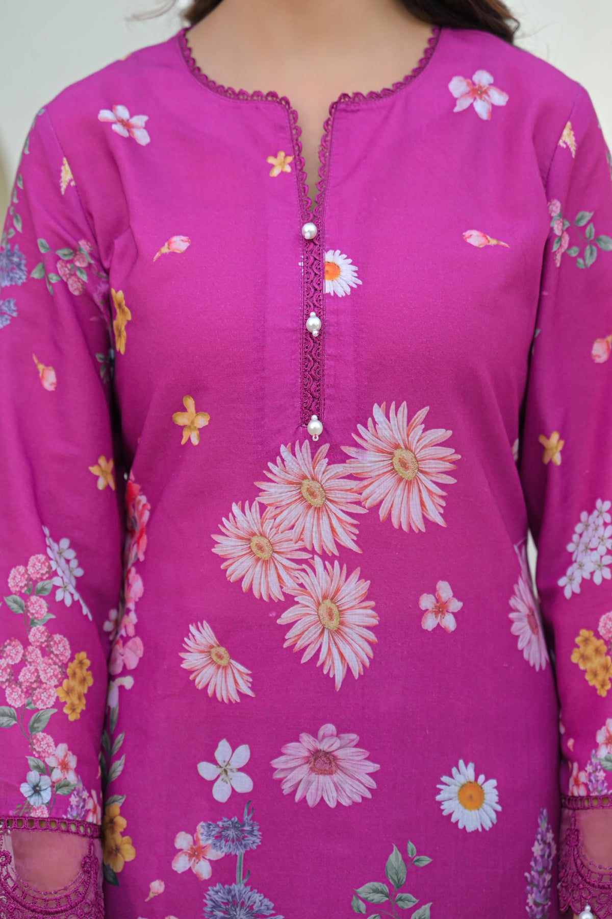 Magenta Cotton Embroidered Suit Set