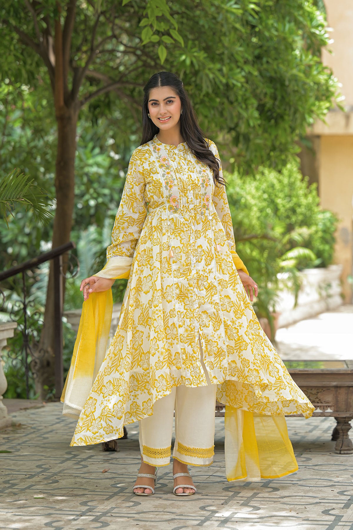 Yellow Floral Cotton Embroidered A-Line Suit