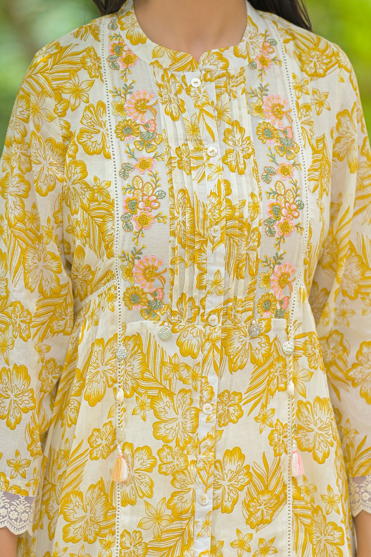 Yellow Floral Cotton Embroidered A-Line Suit