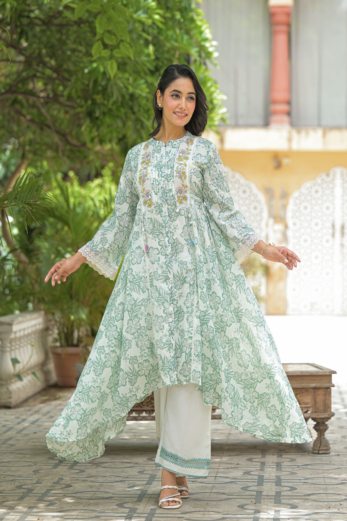 Green Floral Cotton Embroidered A-Line Suit