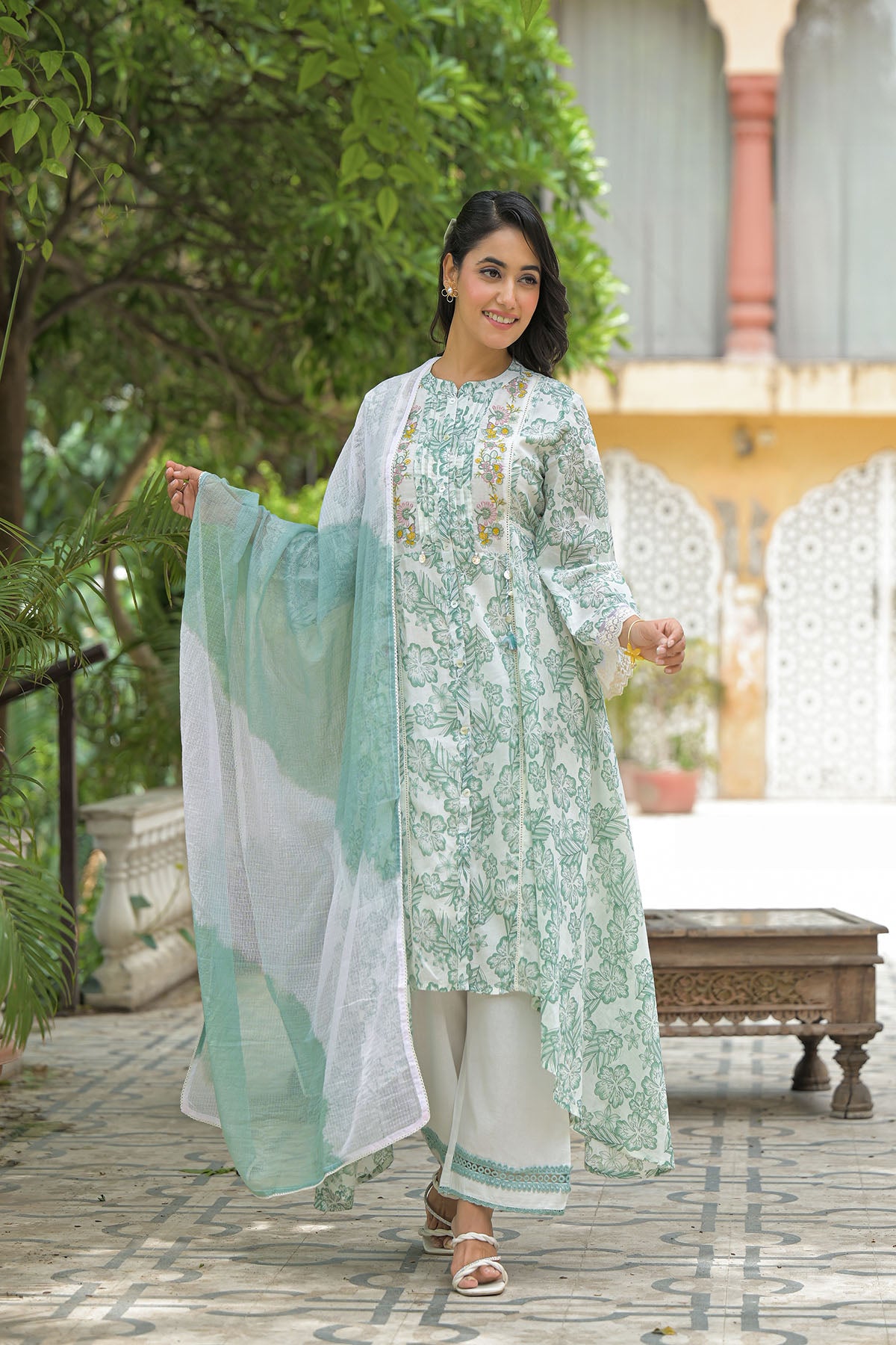 Green Floral Cotton Embroidered A-Line Suit