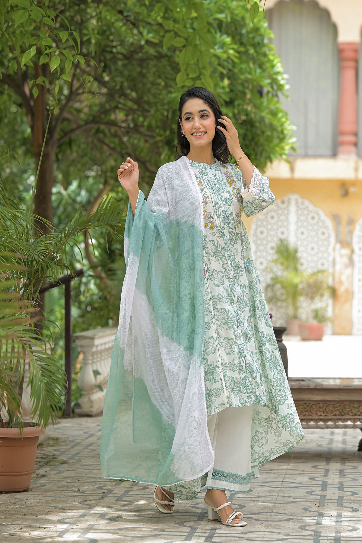 Green Floral Cotton Embroidered A-Line Suit