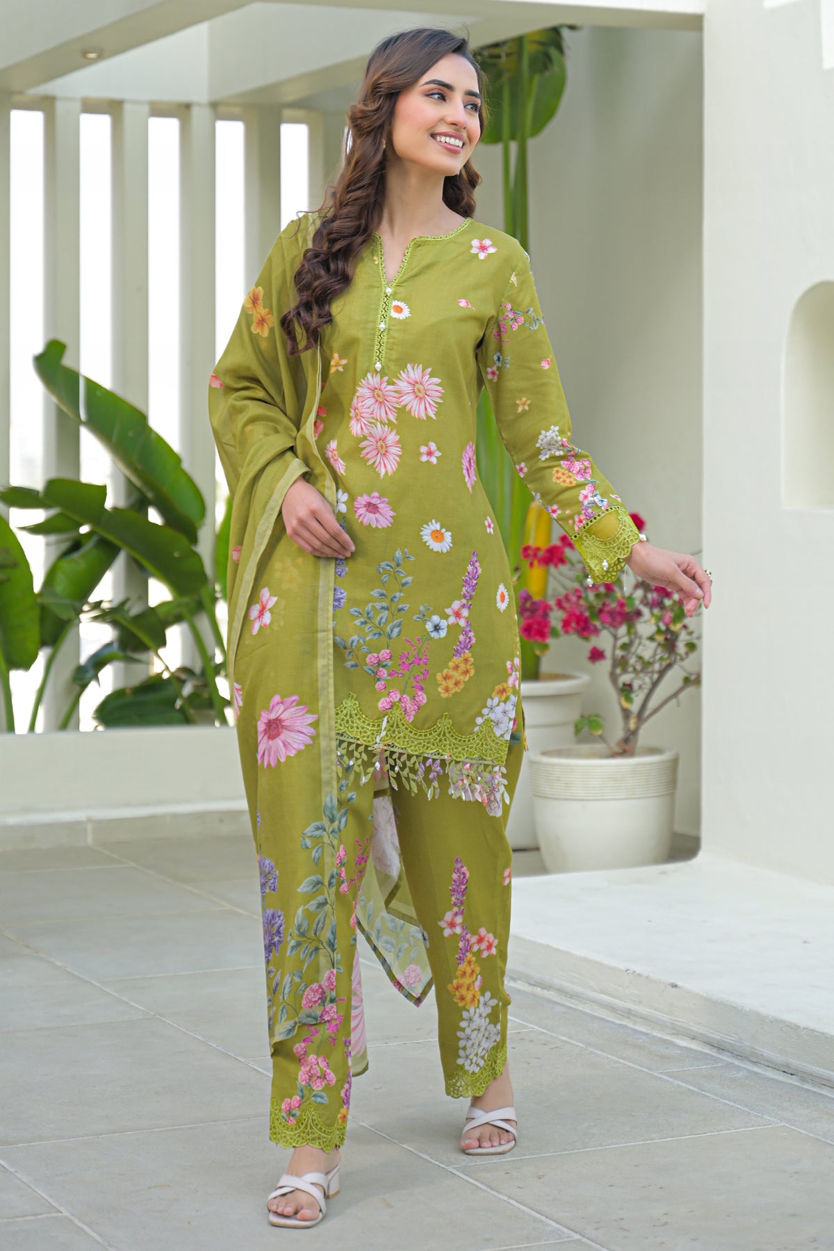 Green Cotton Embroidered Suit Set
