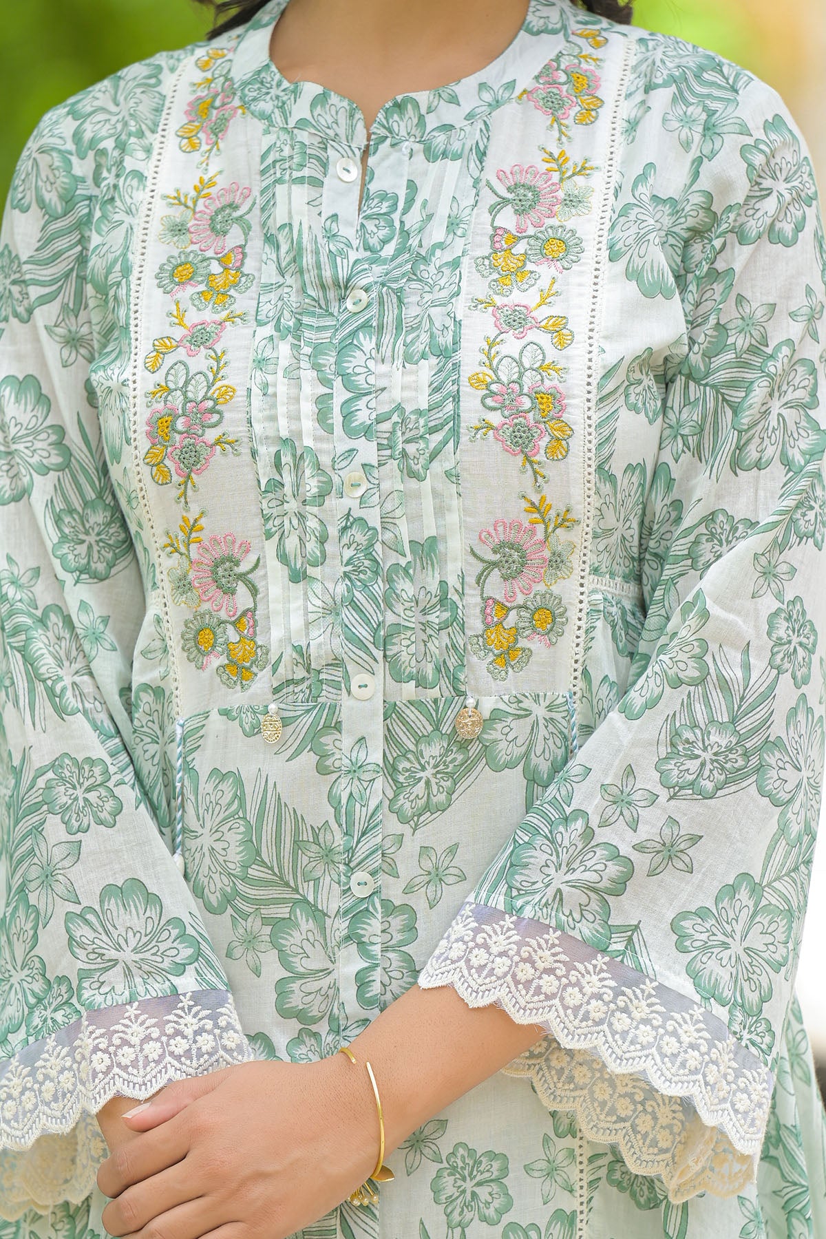 Green Floral Cotton Embroidered A-Line Suit