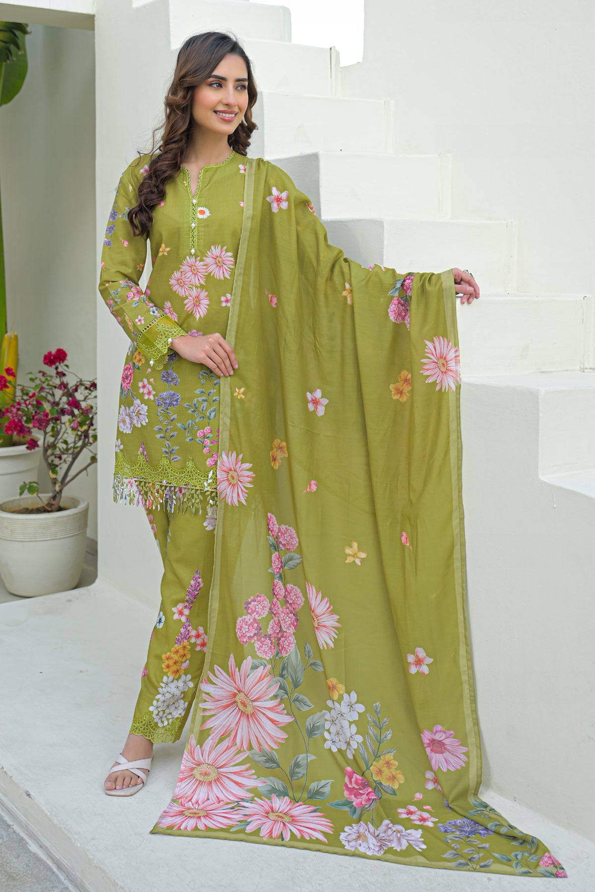 Green Cotton Embroidered Suit Set