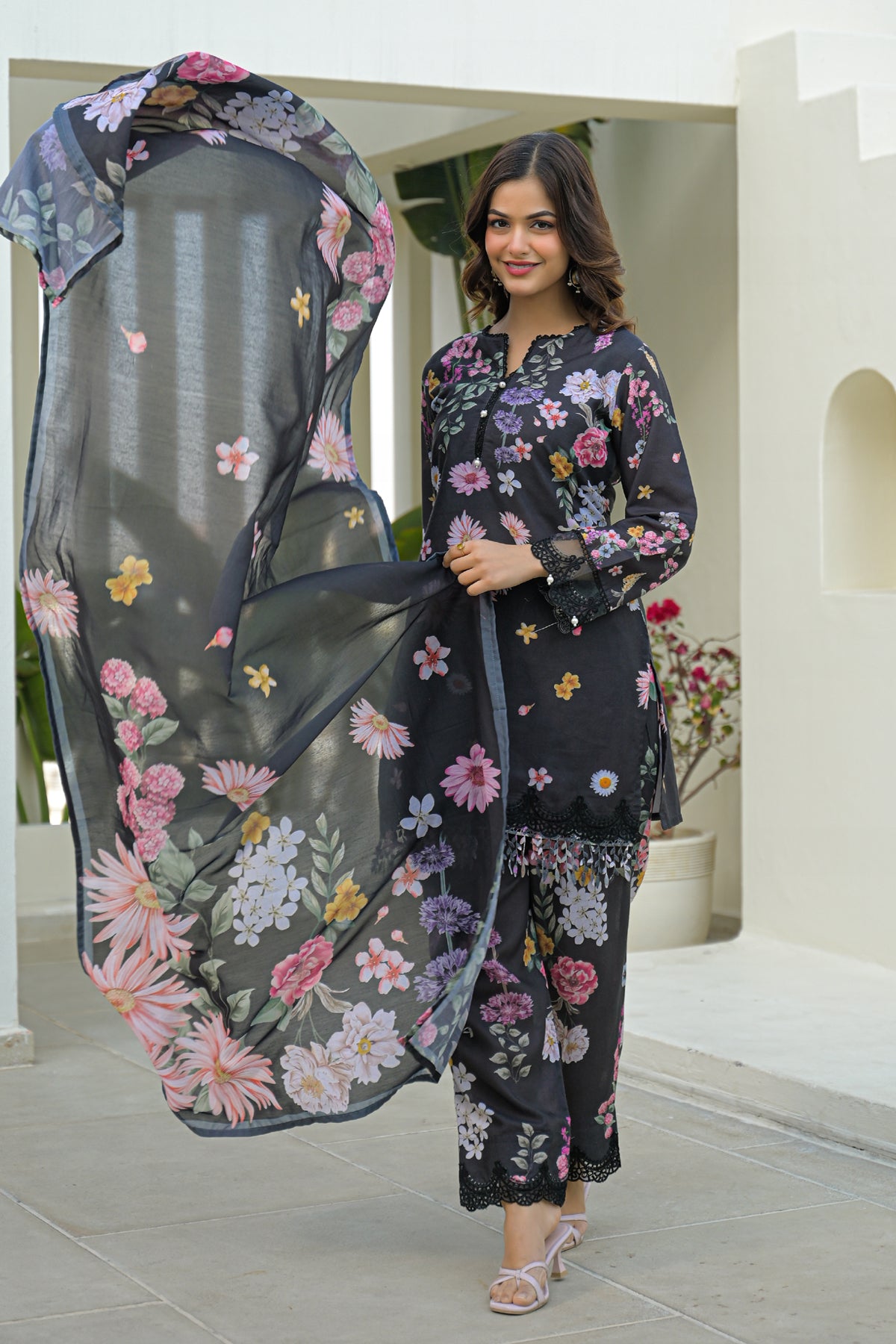Black Cotton Embroidered Suit Set With Dupatta