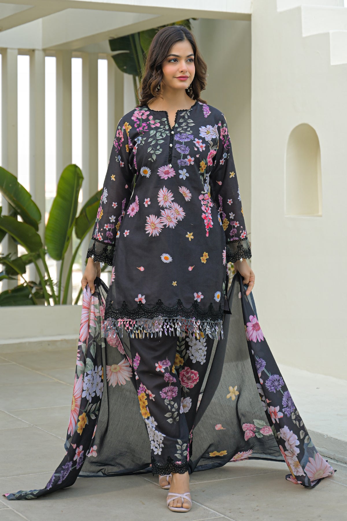 Black Cotton Embroidered Suit Set With Dupatta