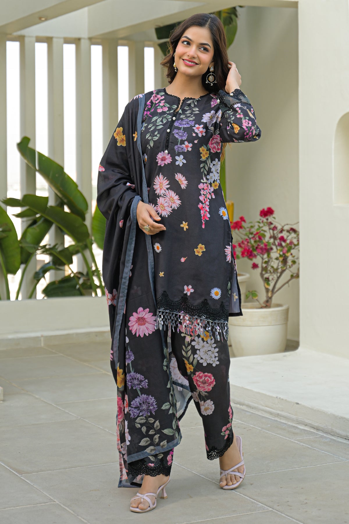 Black Cotton Embroidered Suit Set With Dupatta