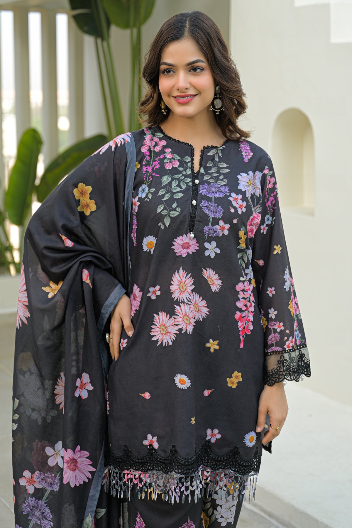 Black Cotton Embroidered Suit Set With Dupatta