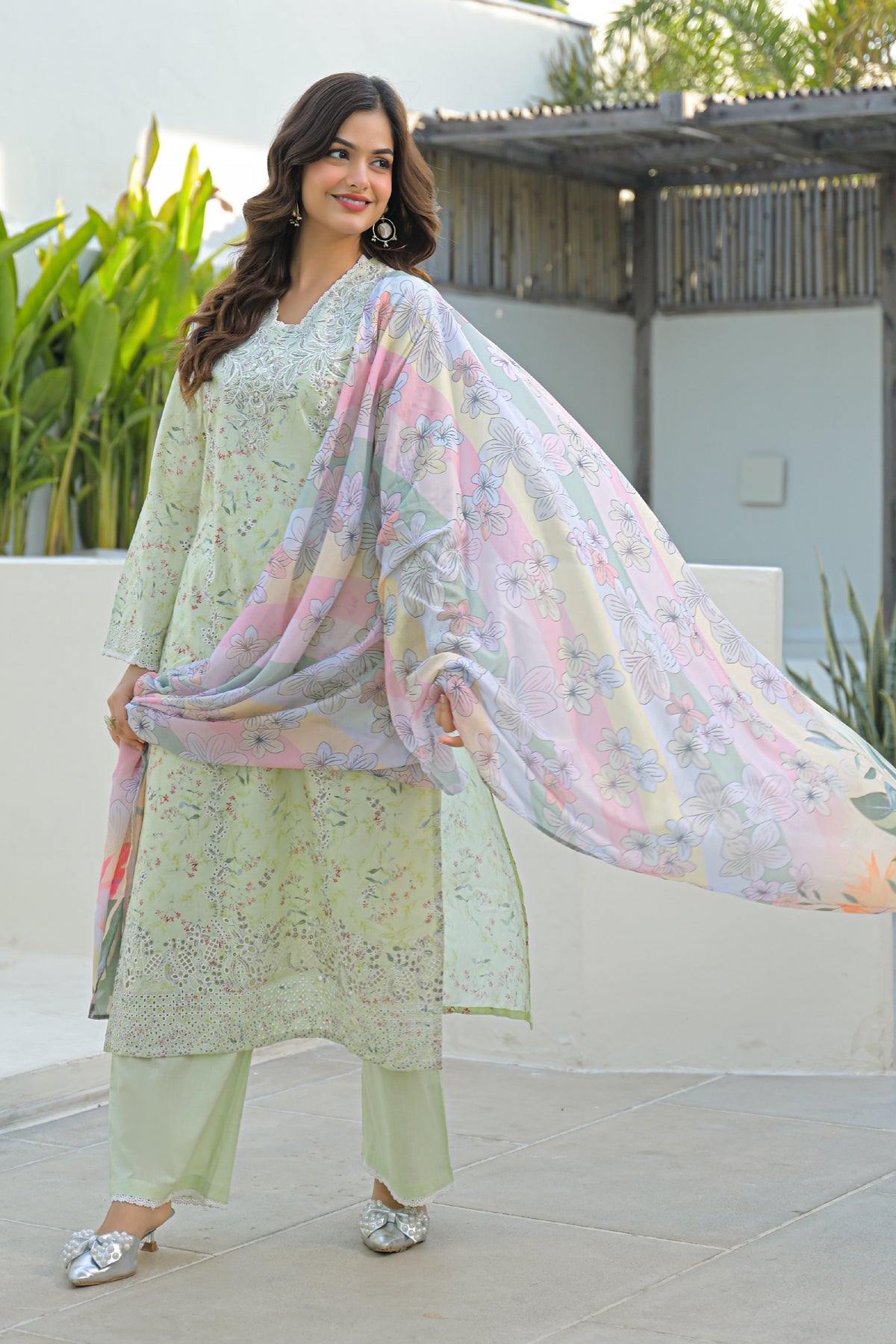 Green Cotton Embroidered Suit Set With Dupatta