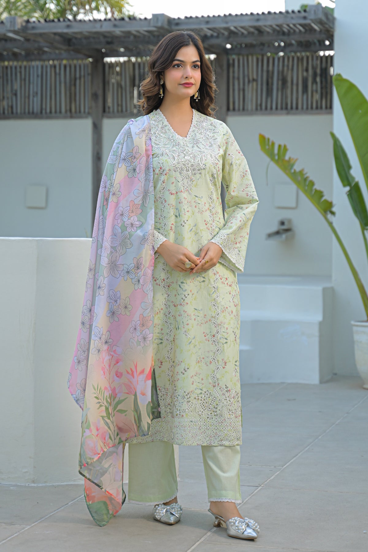 Green Cotton Embroidered Suit Set With Dupatta